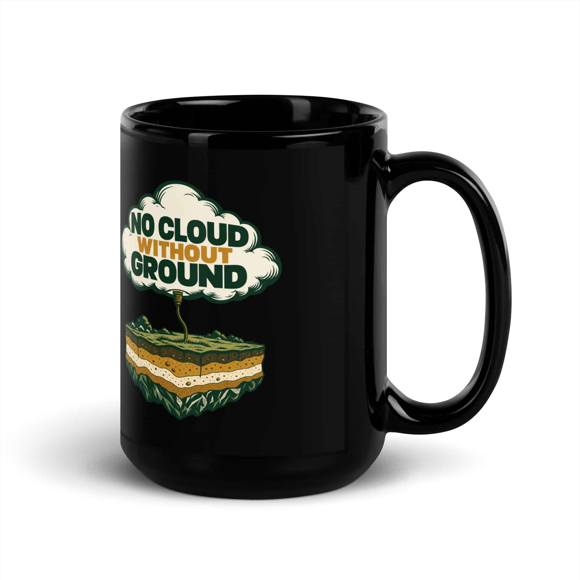 Black Glossy Coffee Mug: No cloud without ground