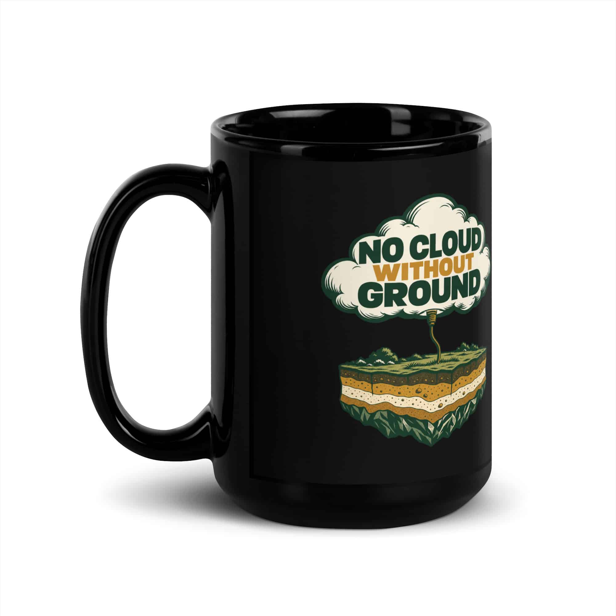 Black Glossy Coffee Mug: No cloud without ground