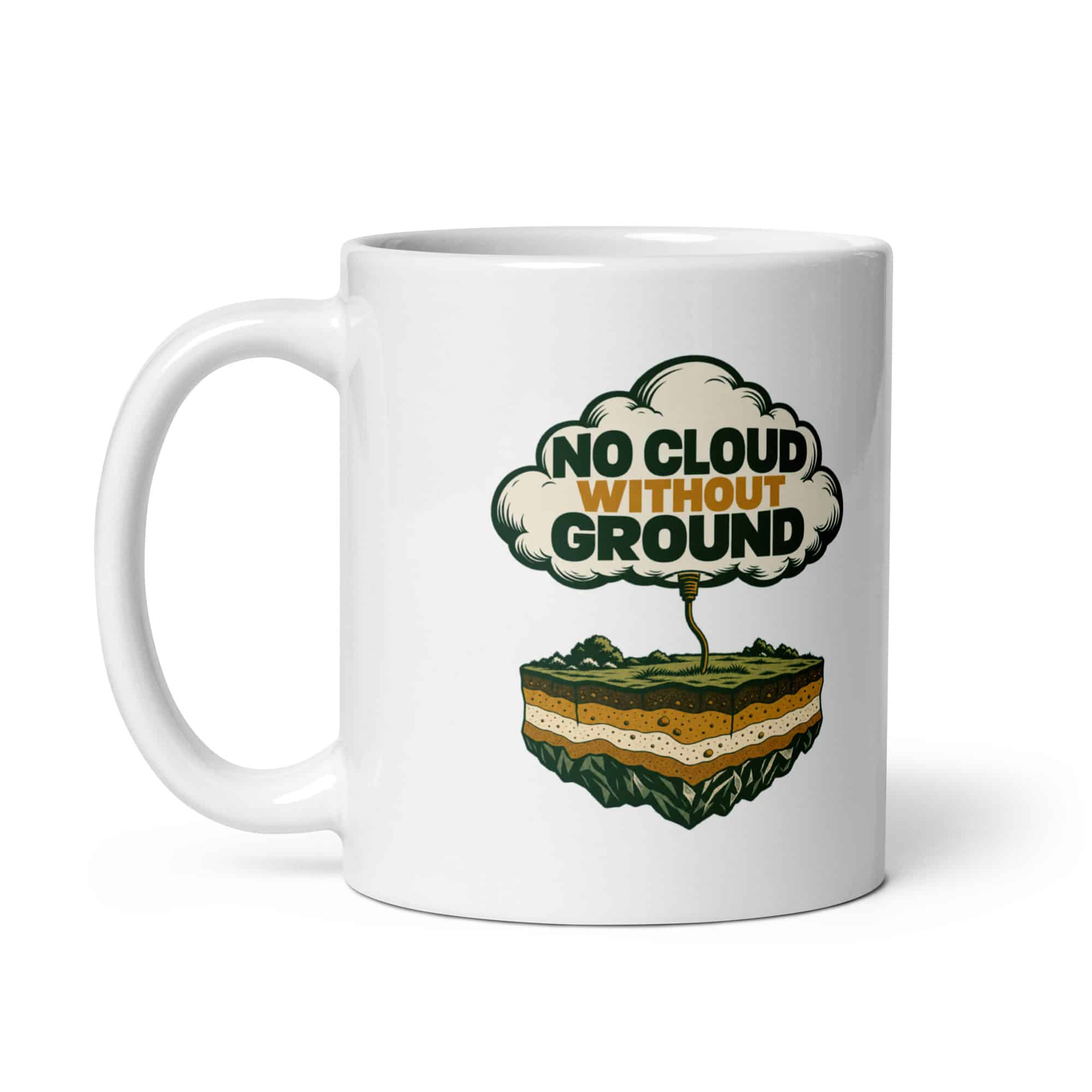 White Ceramic Coffee Mug: No cloud without ground