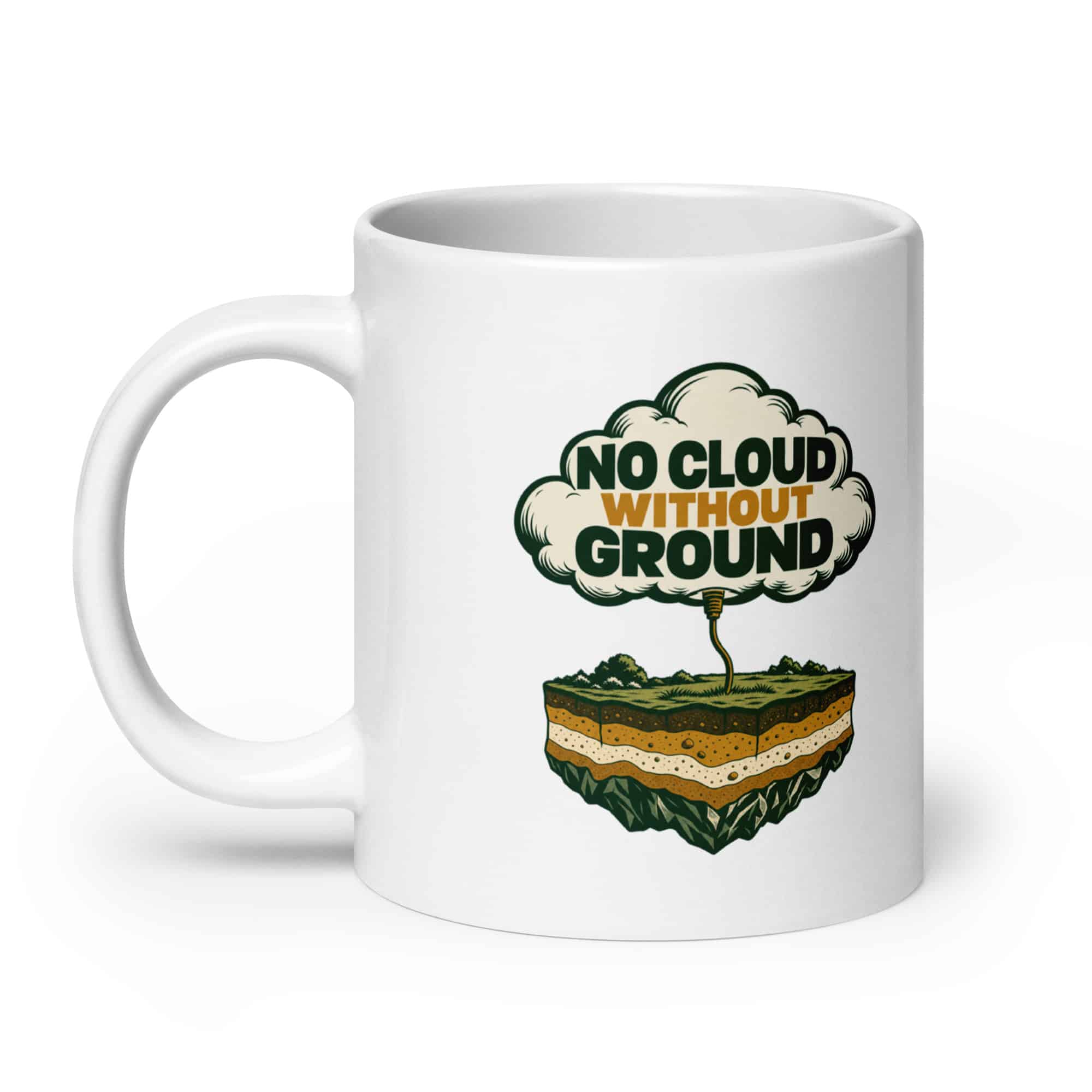 White Ceramic Coffee Mug: No cloud without ground