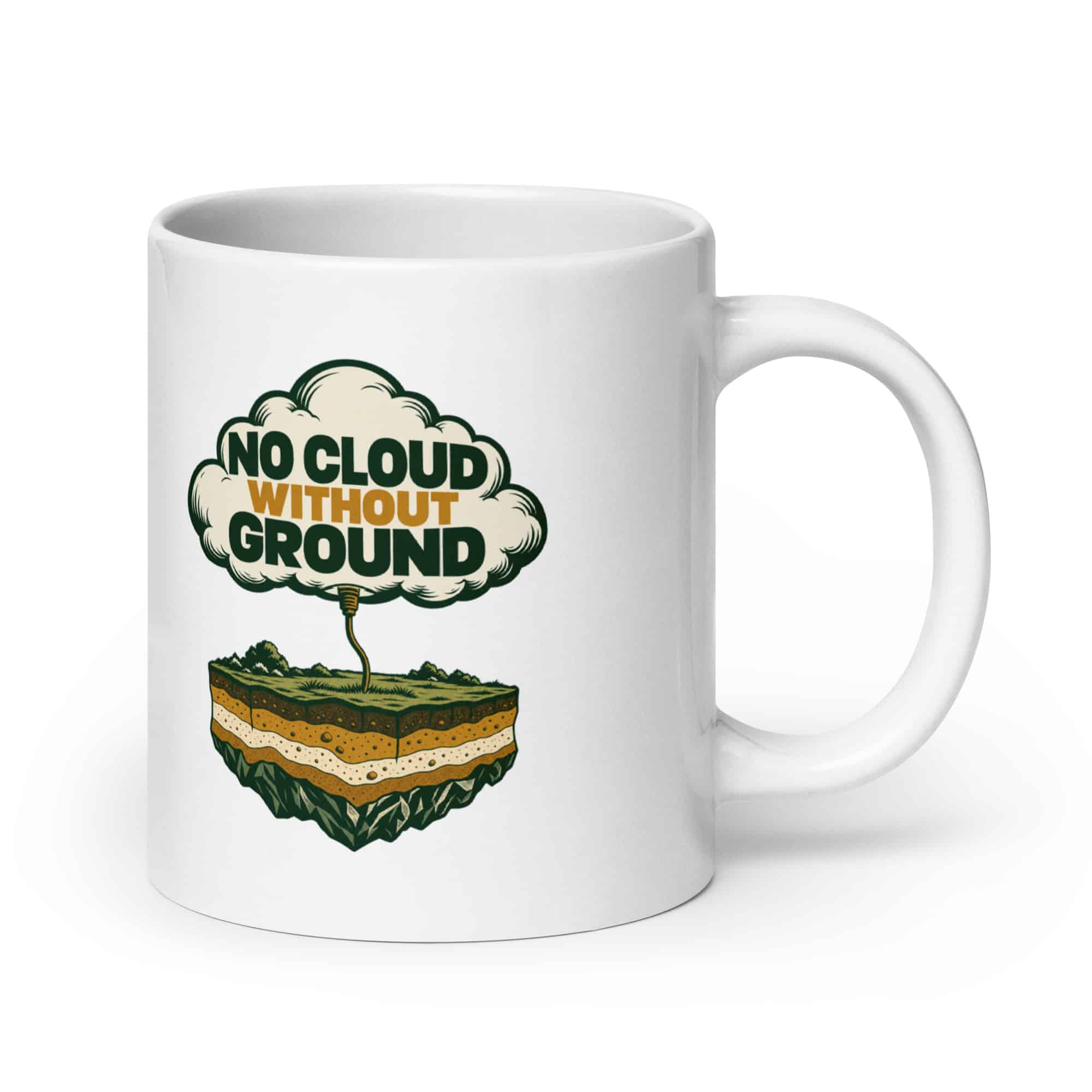 White Ceramic Coffee Mug: No cloud without ground