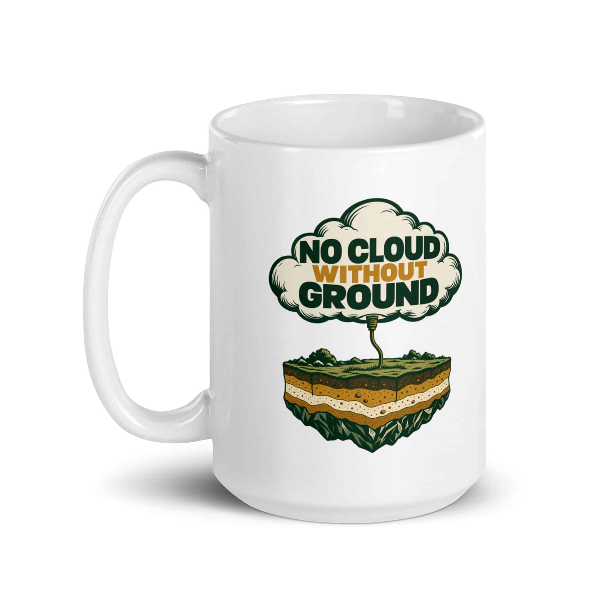 White Ceramic Coffee Mug: No cloud without ground