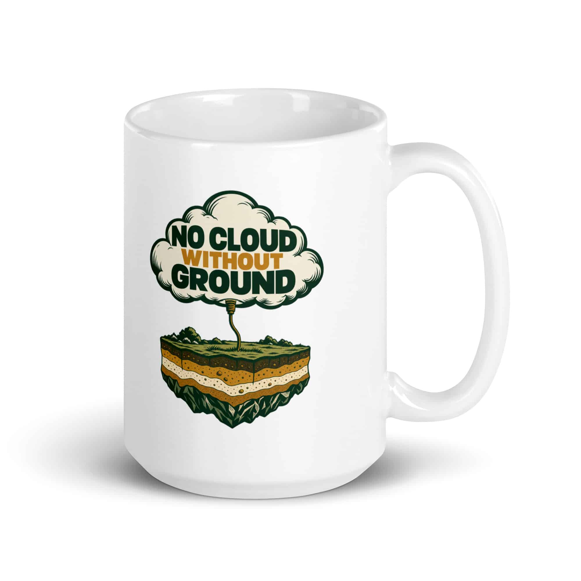 White Ceramic Coffee Mug: No cloud without ground