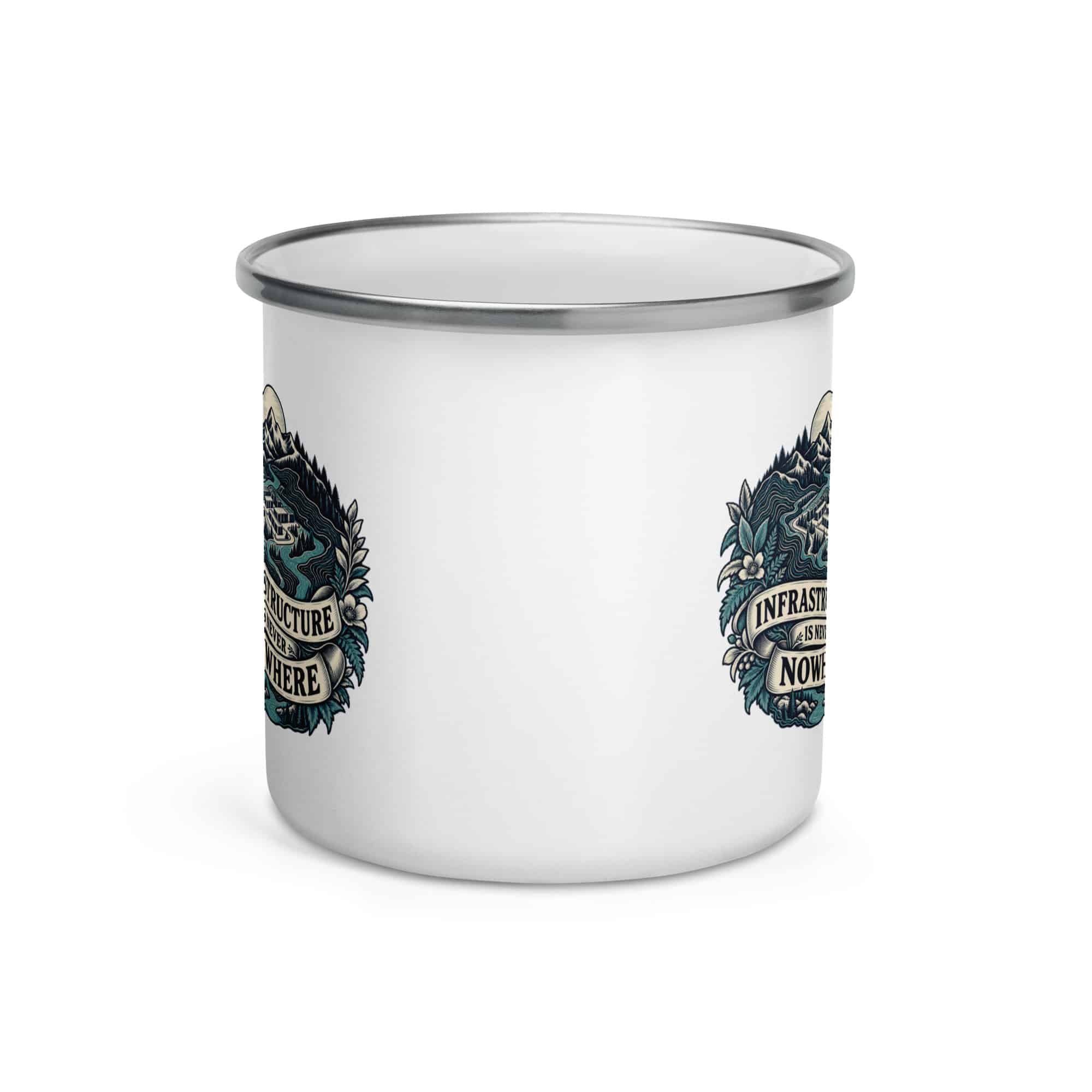 Enamel Camp Mug: Infrastructure is never nowhere