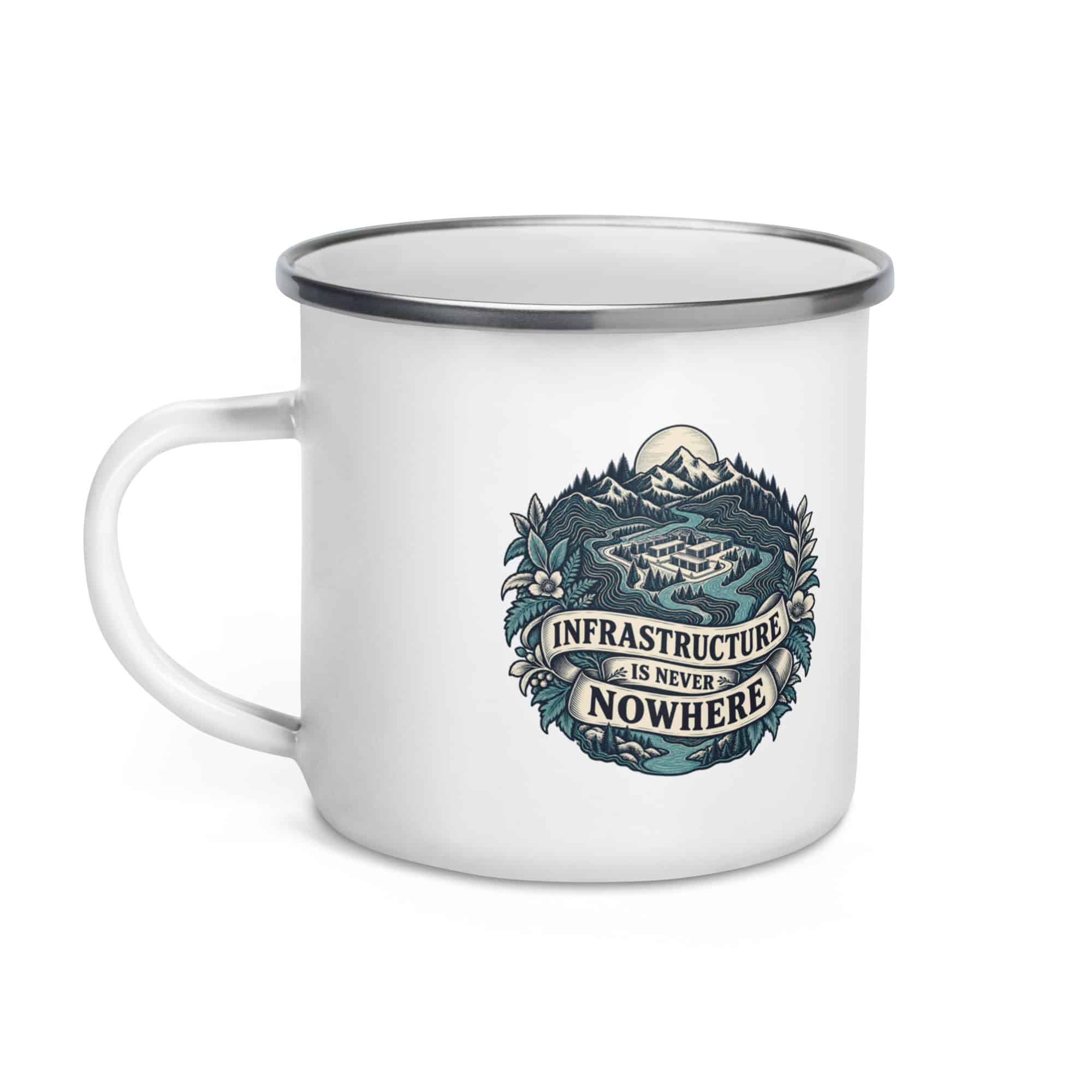 Enamel Camp Mug: Infrastructure is never nowhere