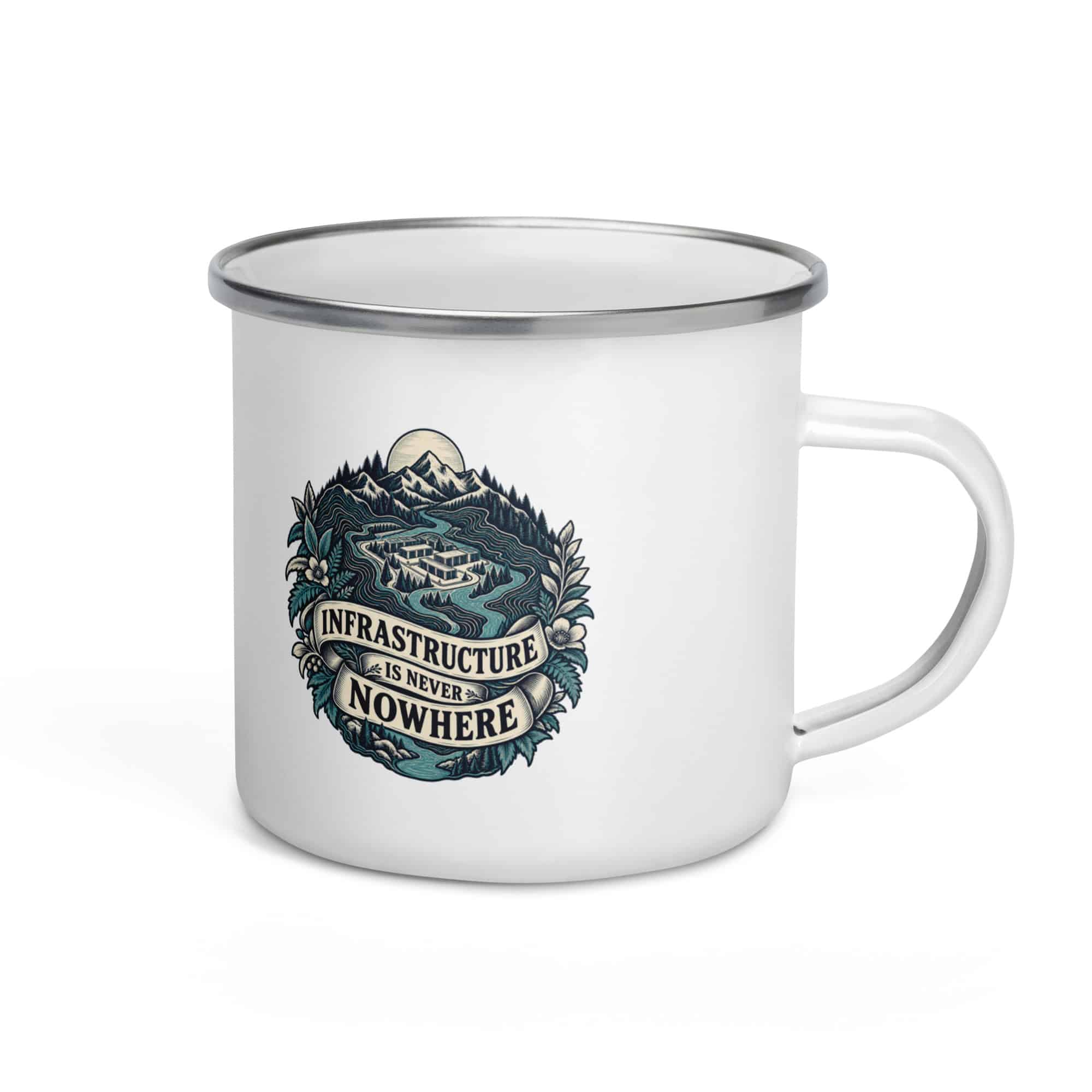 Enamel Camp Mug: Infrastructure is never nowhere