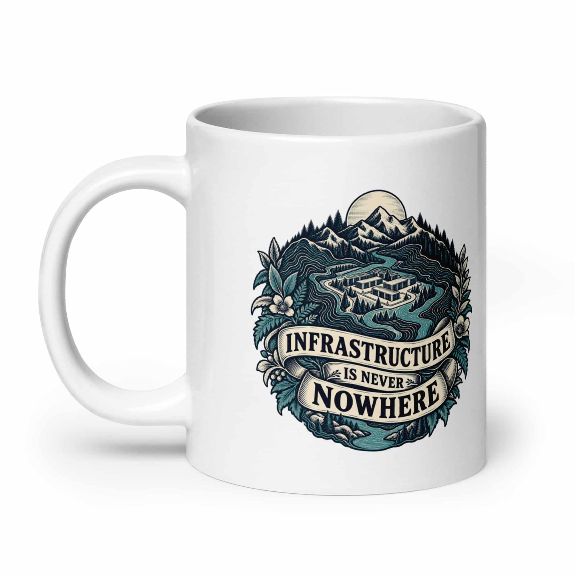 White Ceramic Coffee Mug: Infrastructure is never nowhere