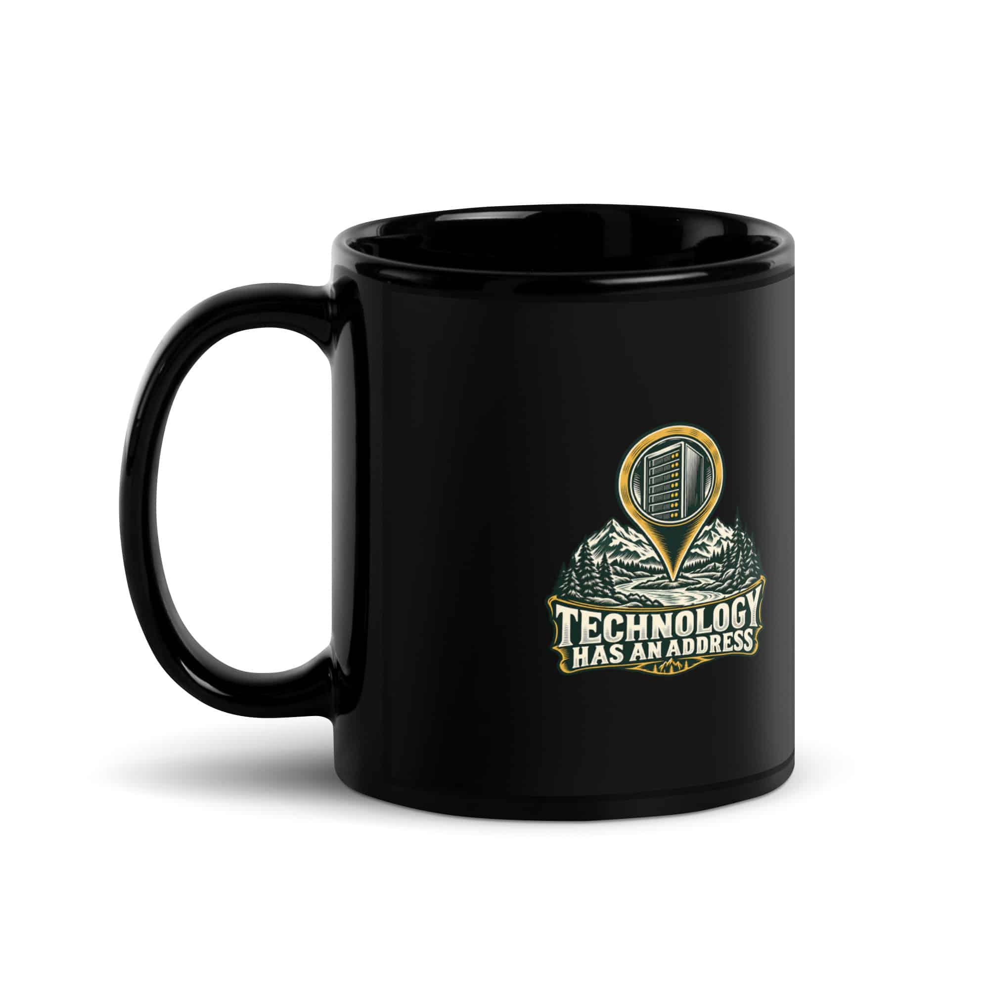 Black Glossy Coffee Mug: Technology has an address