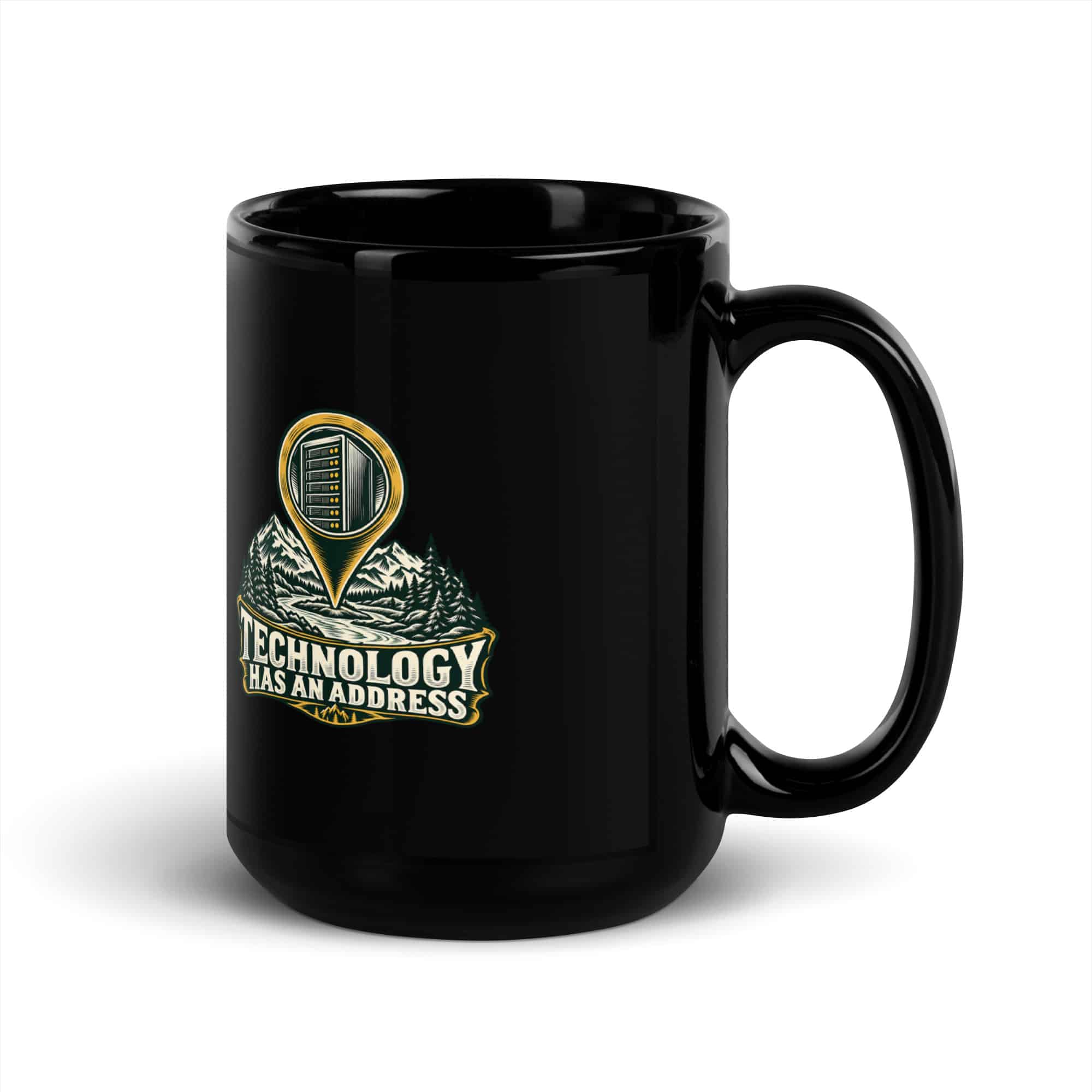Black Glossy Coffee Mug: Technology has an address
