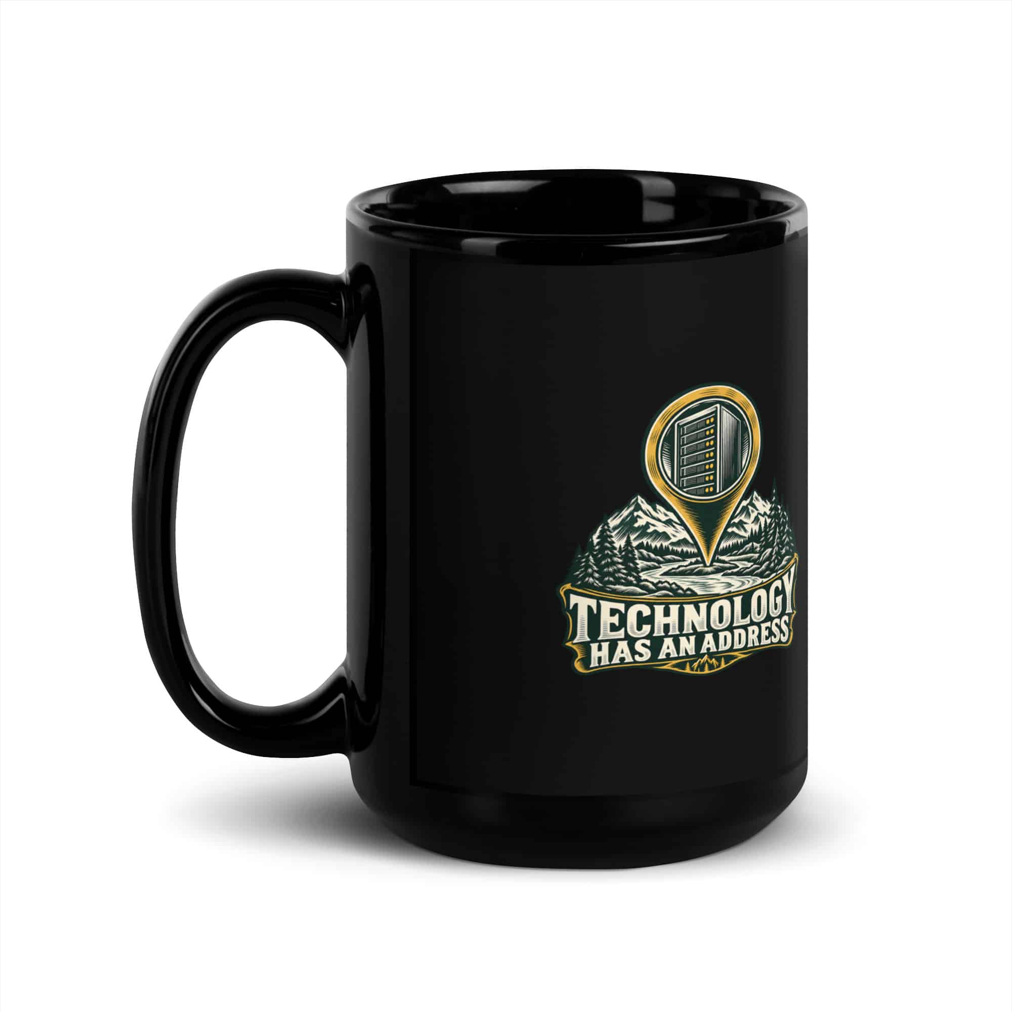 Black Glossy Coffee Mug: Technology has an address