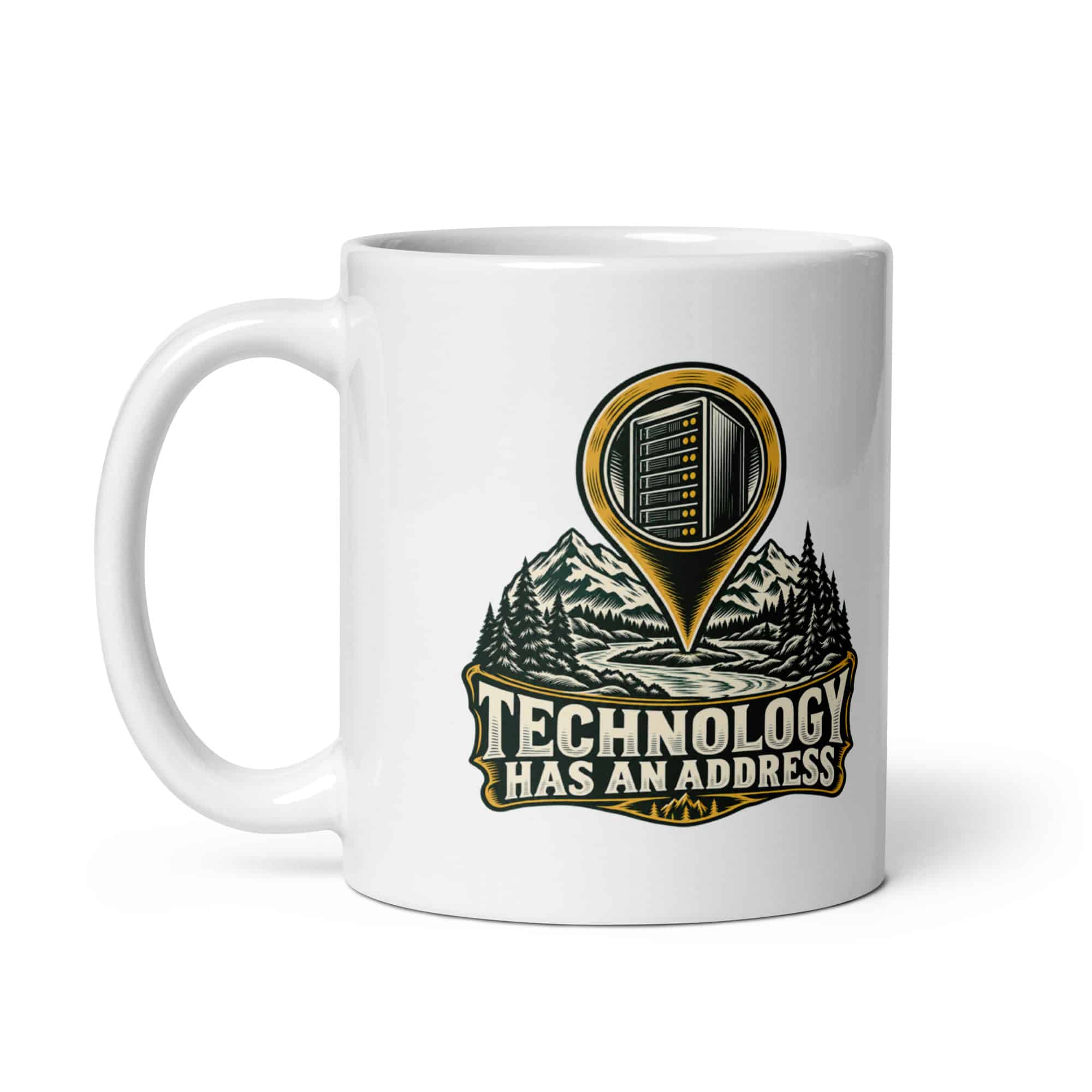 White Ceramic Coffee Mug: Technology has an address