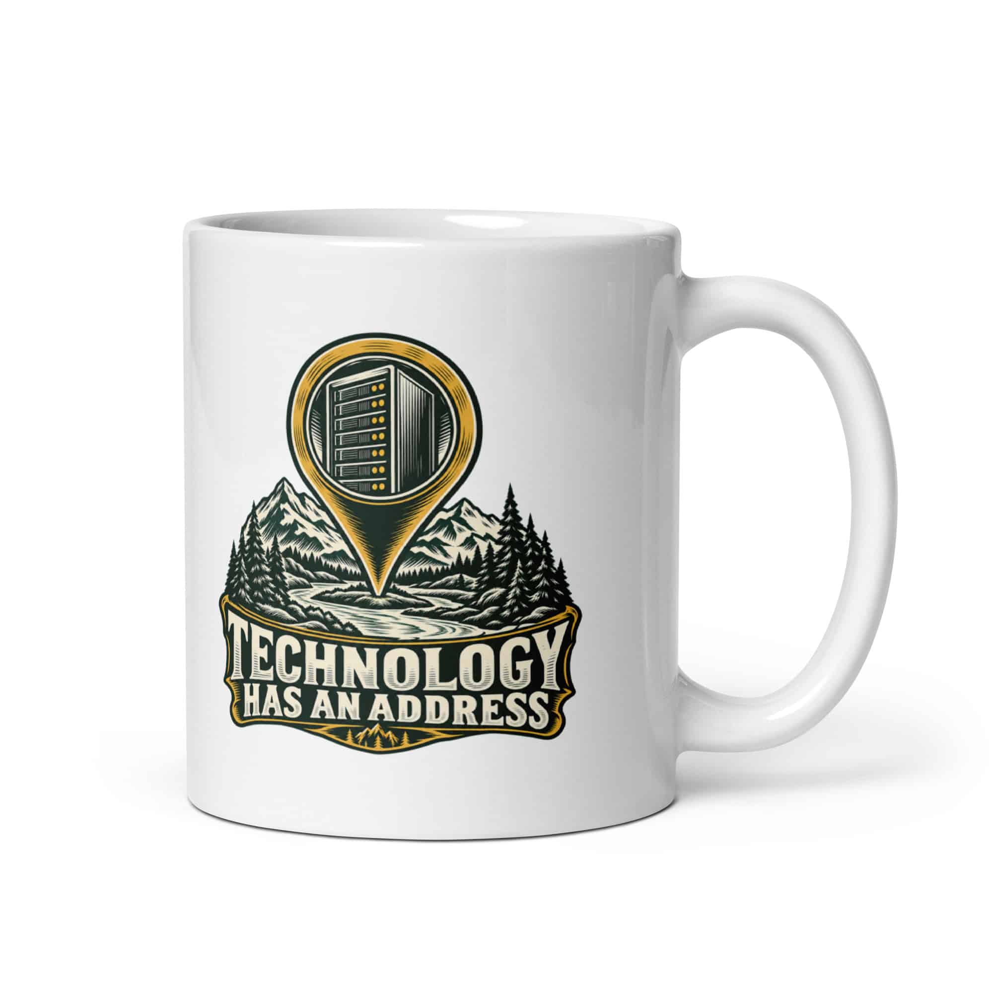 White Ceramic Coffee Mug: Technology has an address