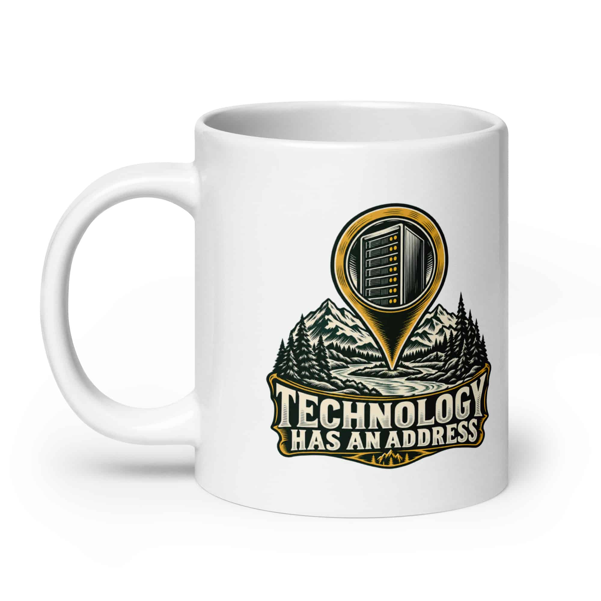 White Ceramic Coffee Mug: Technology has an address