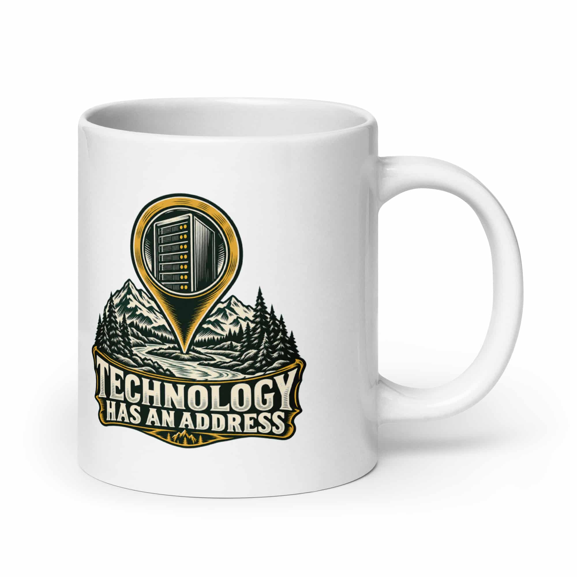 White Ceramic Coffee Mug: Technology has an address