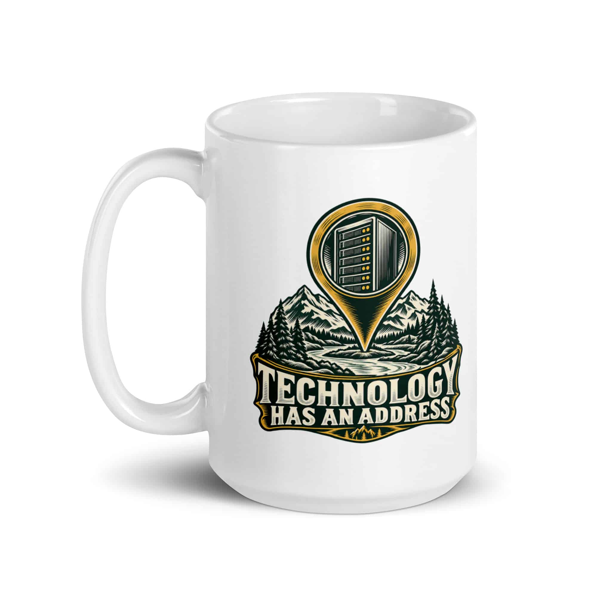 White Ceramic Coffee Mug: Technology has an address
