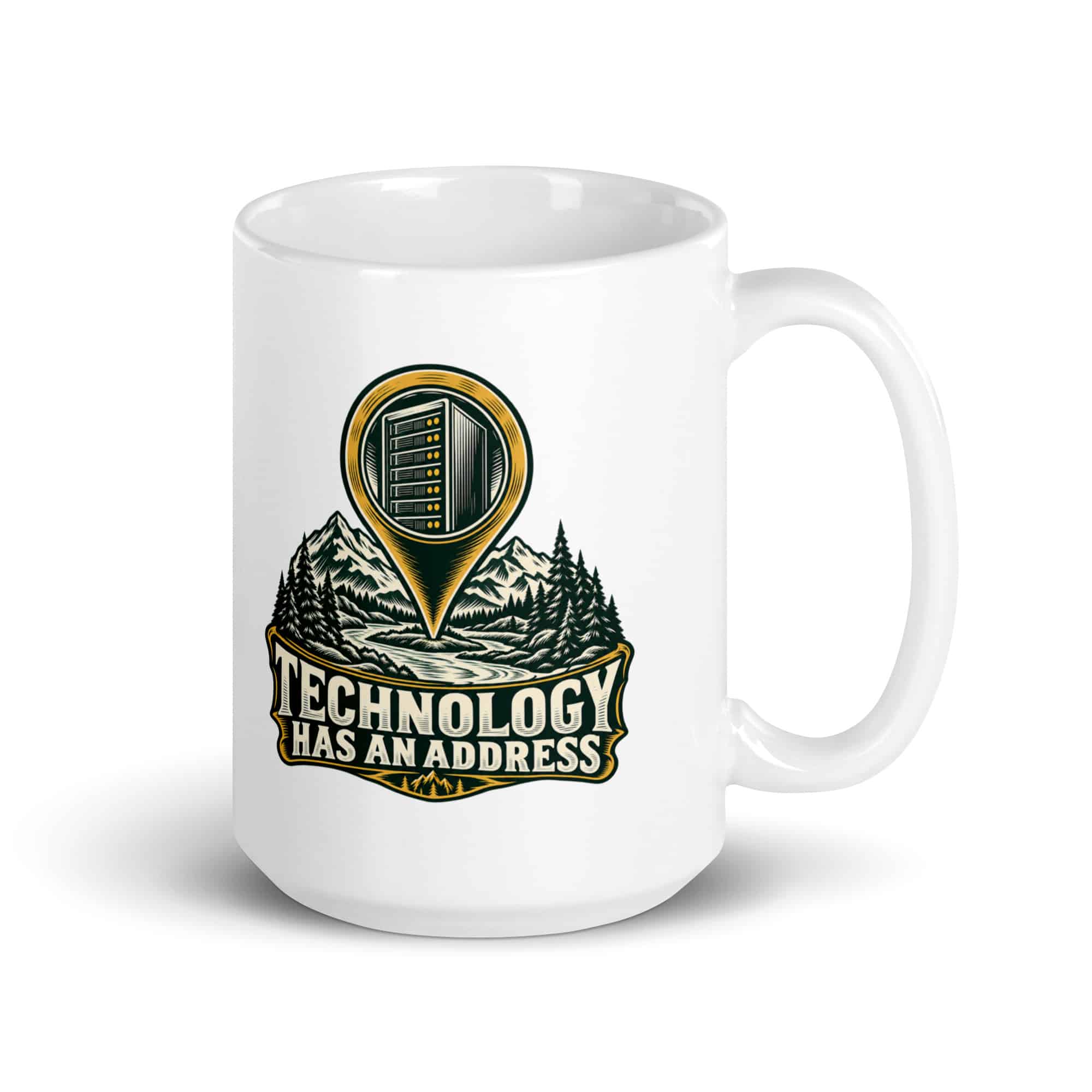 White Ceramic Coffee Mug: Technology has an address