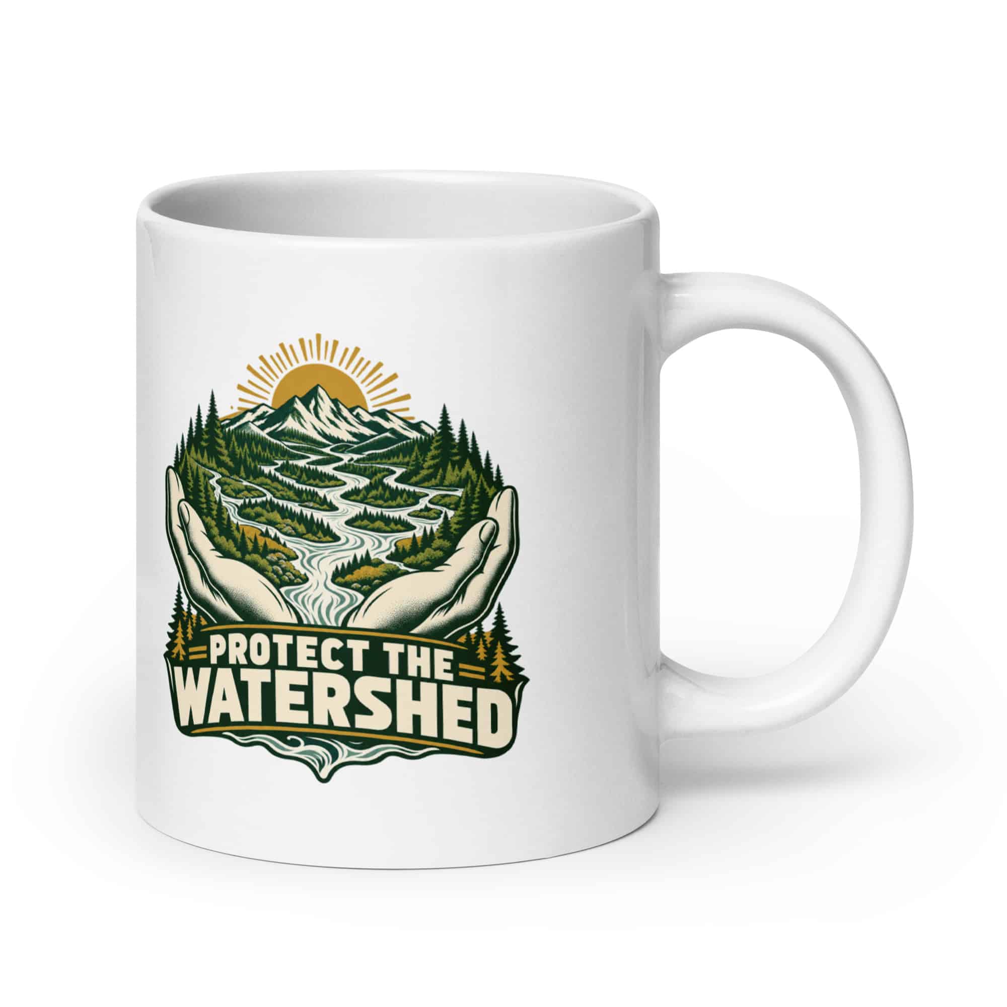 White Ceramic Coffee Mug: Protect the watershed