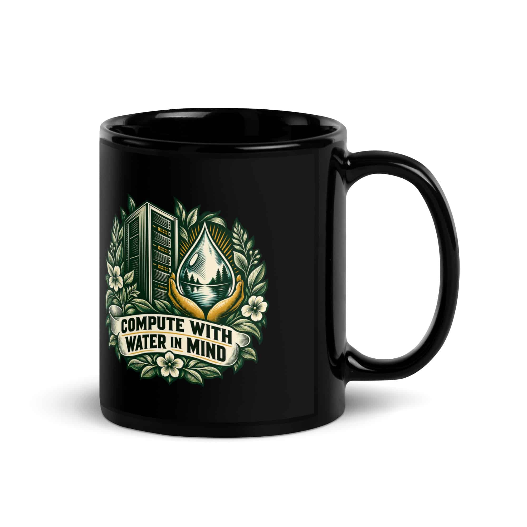 Black Glossy Coffee Mug: Compute with water in mind