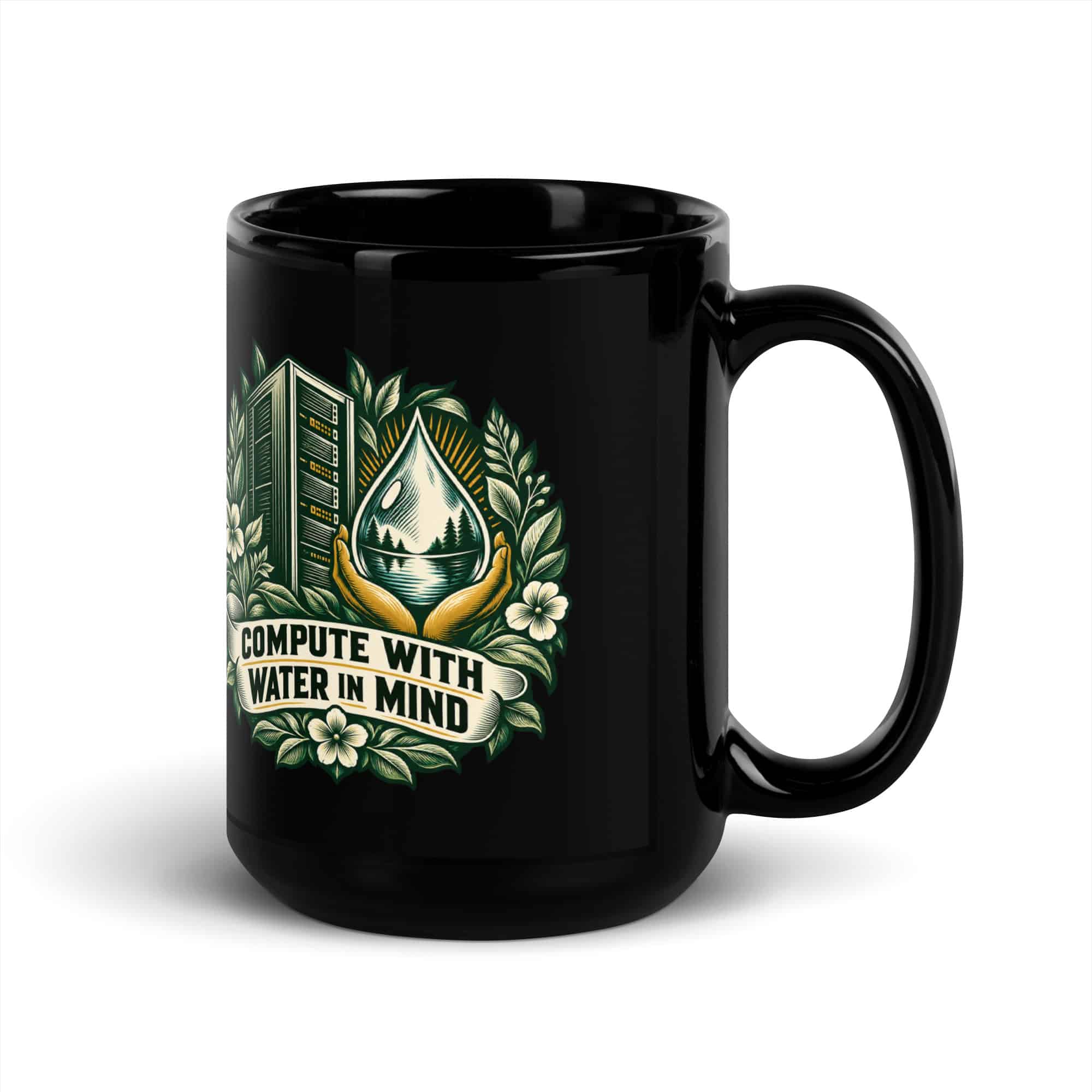 Black Glossy Coffee Mug: Compute with water in mind