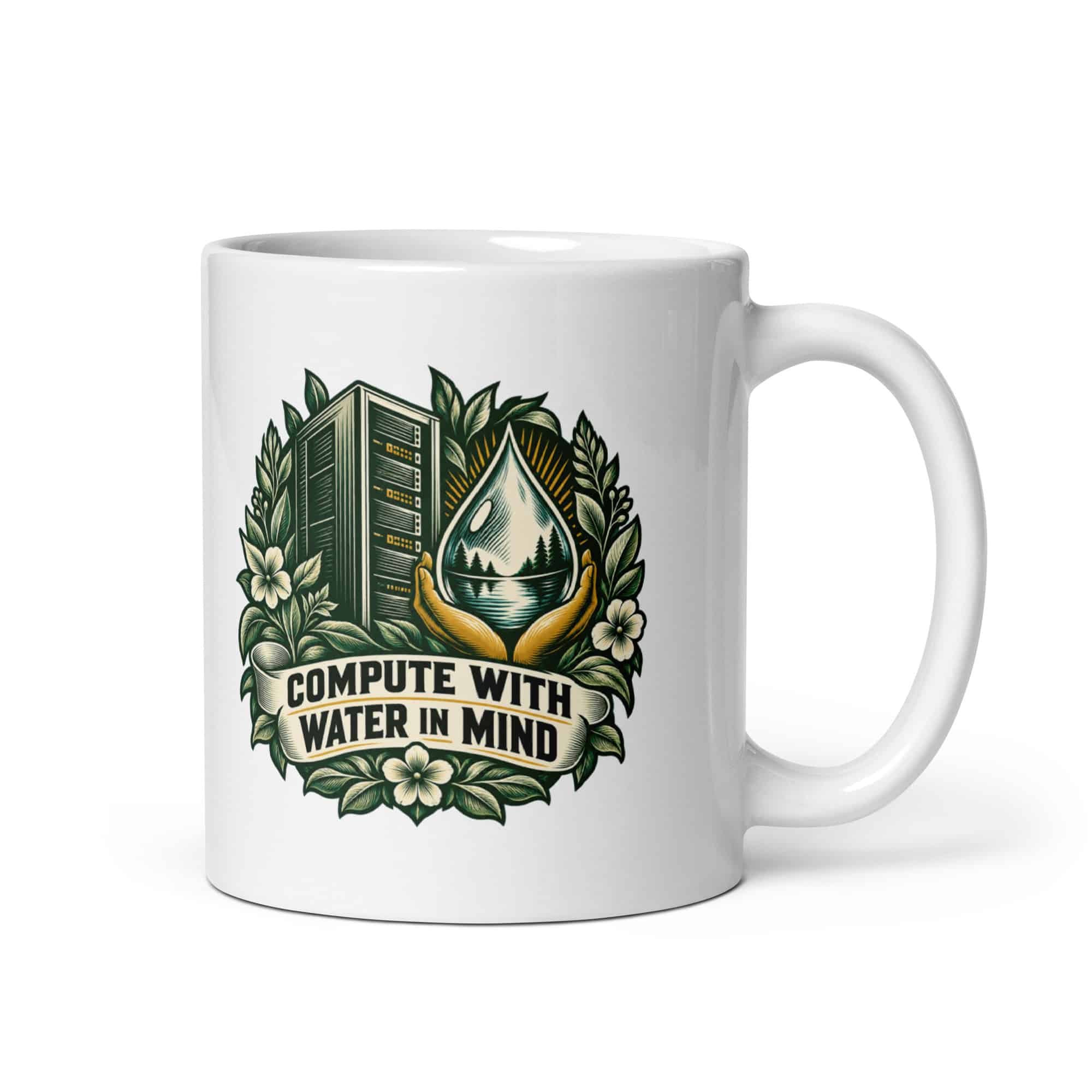 White Ceramic Coffee Mug: Compute with water in mind