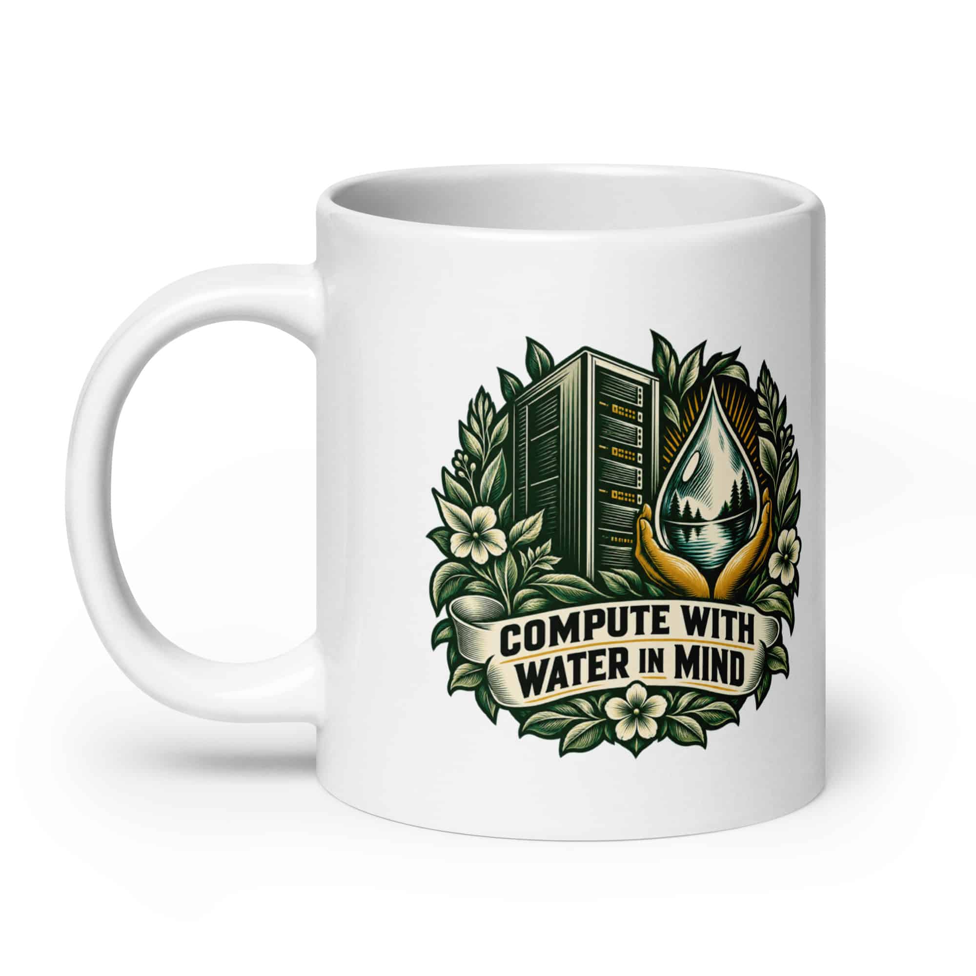 White Ceramic Coffee Mug: Compute with water in mind