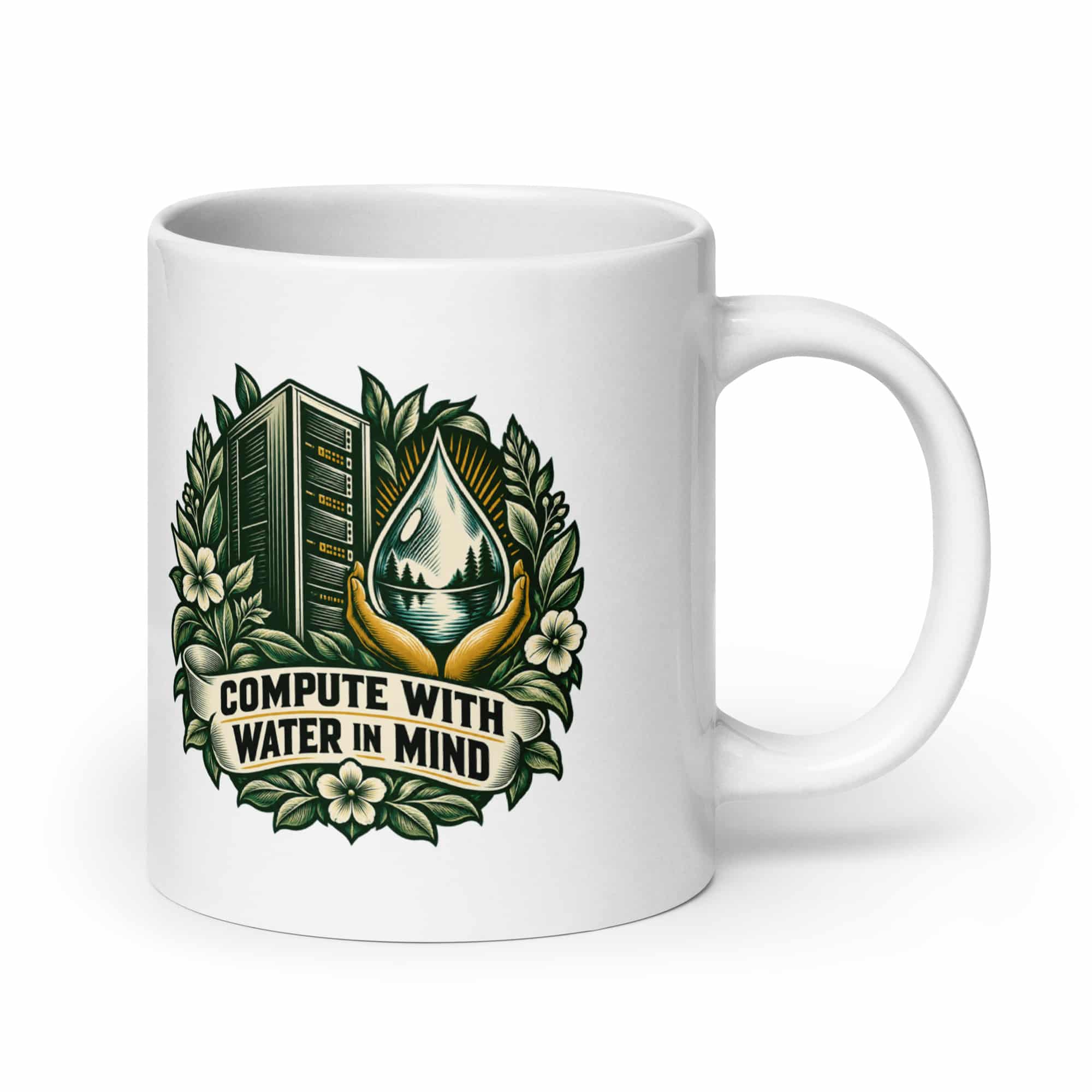 White Ceramic Coffee Mug: Compute with water in mind