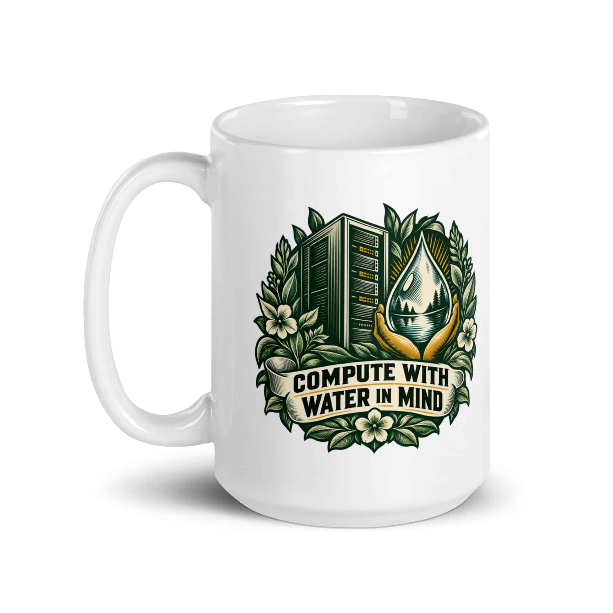 White Ceramic Coffee Mug: Compute with water in mind