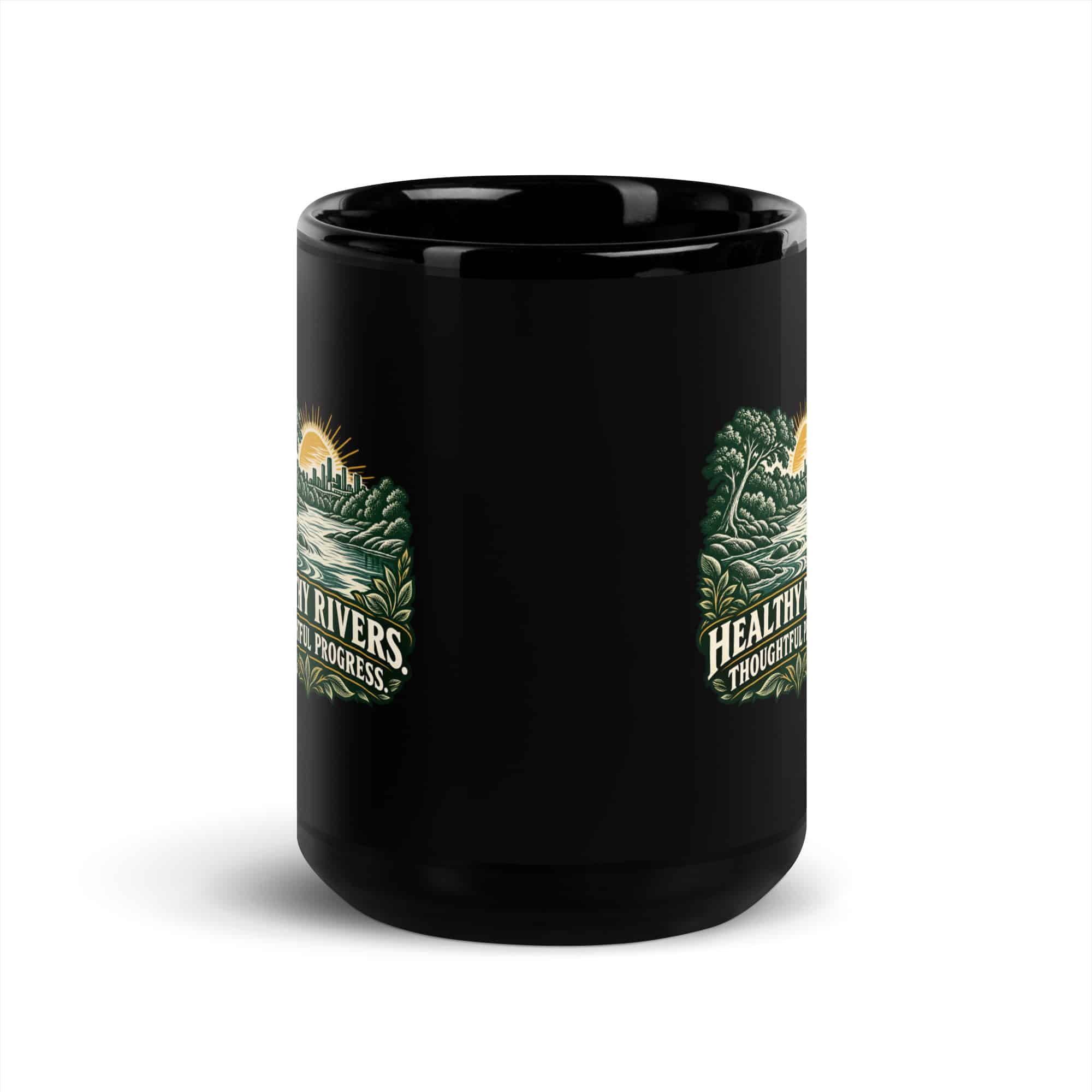 Black Glossy Coffee Mug: Healthy rivers. Thoughtful progress.