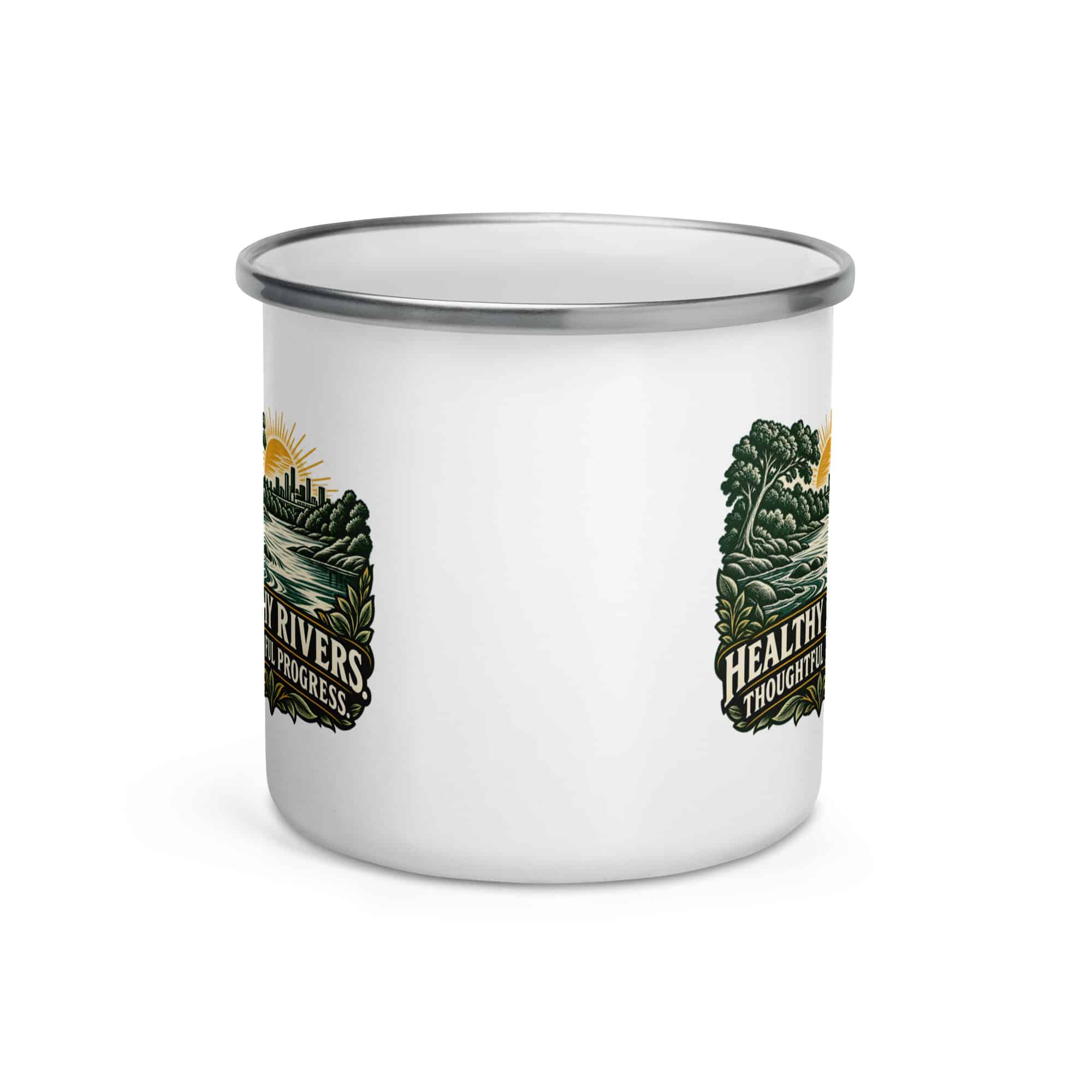 Enamel Camp Mug: Healthy rivers. Thoughtful progress.