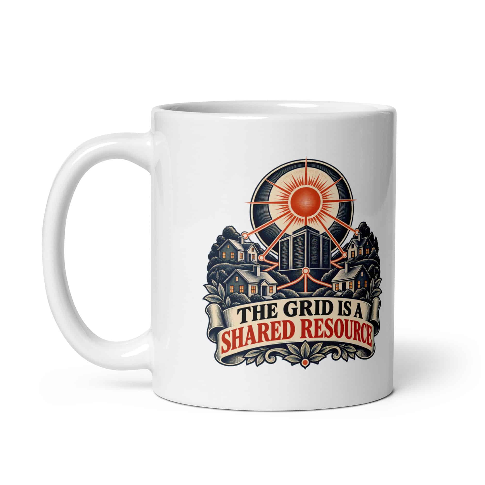 White Ceramic Coffee Mug: The grid is a shared resource