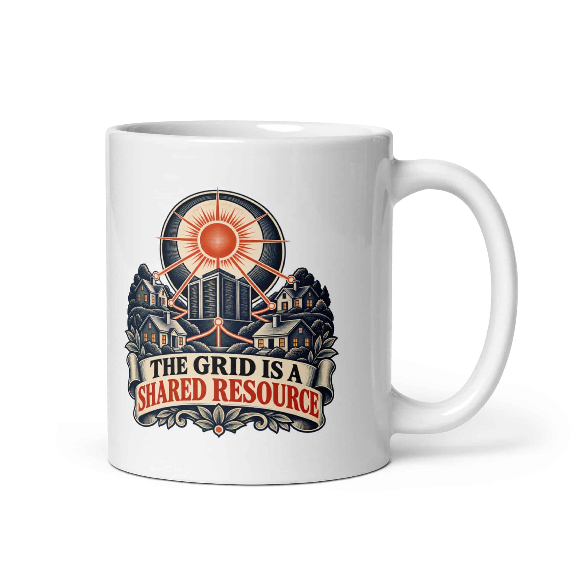 White Ceramic Coffee Mug: The grid is a shared resource