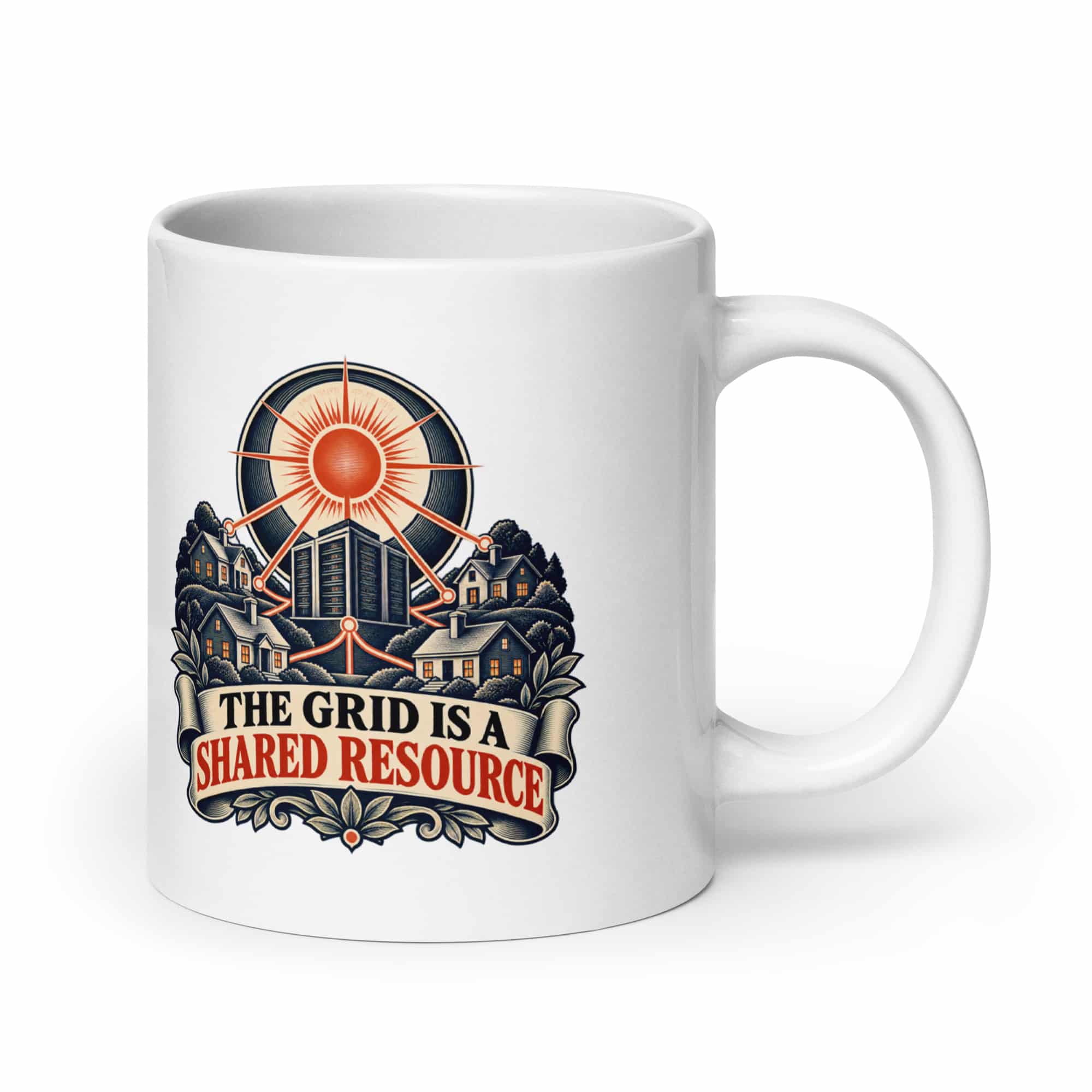 White Ceramic Coffee Mug: The grid is a shared resource