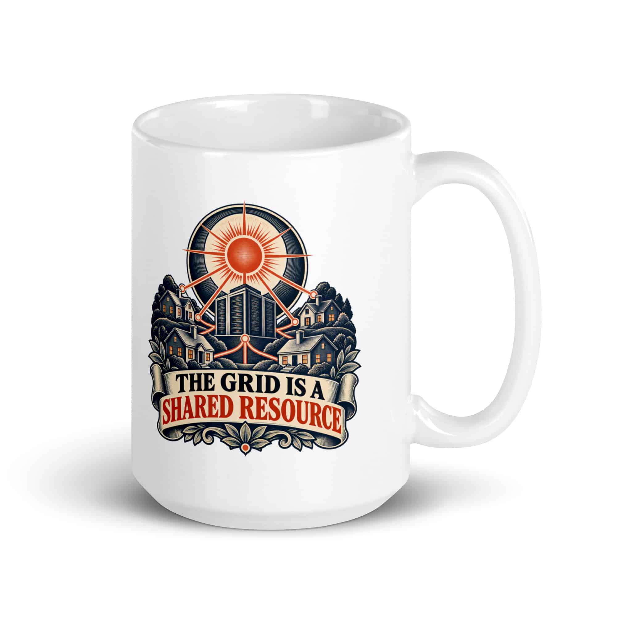 White Ceramic Coffee Mug: The grid is a shared resource