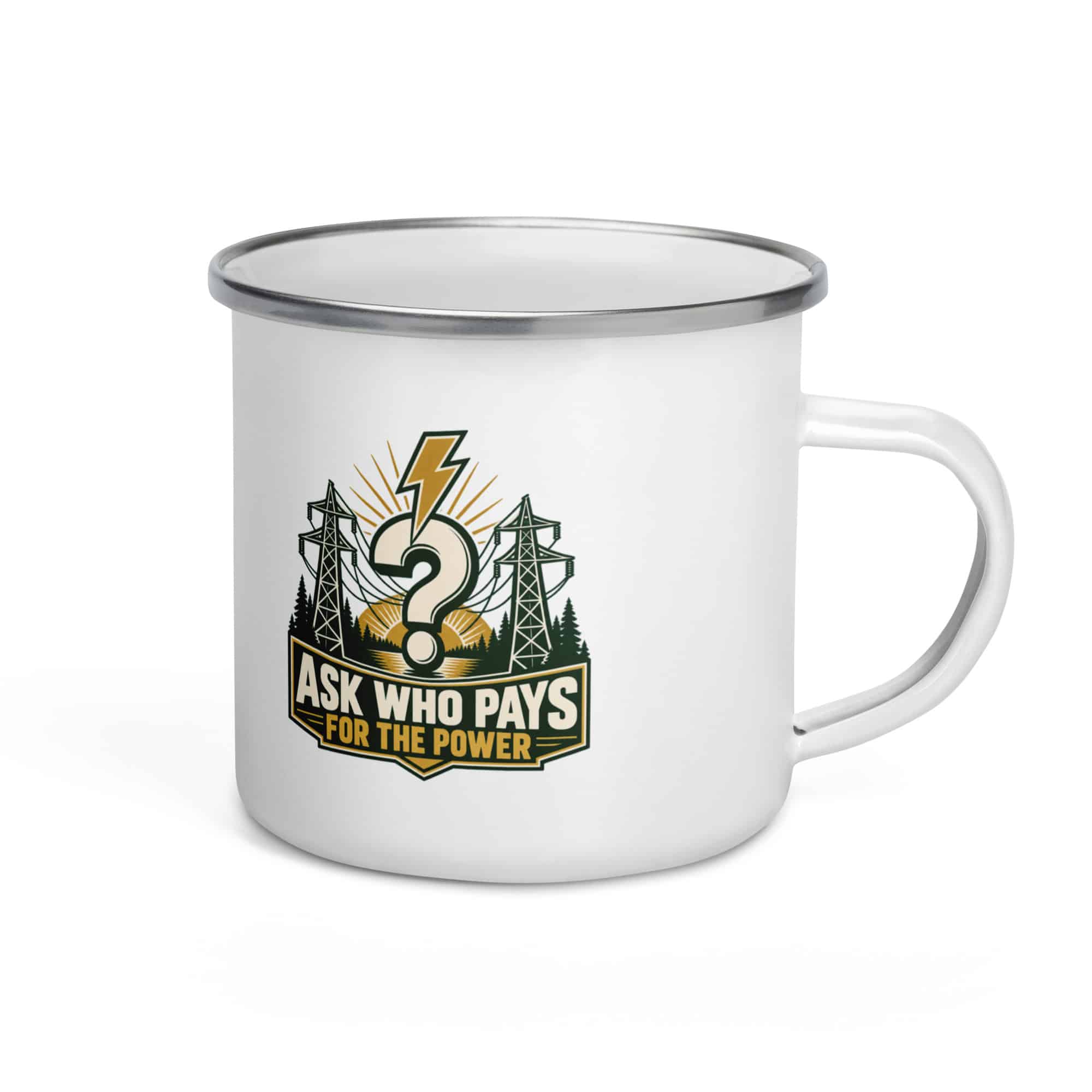 Enamel Camp Mug: Ask who pays for the power
