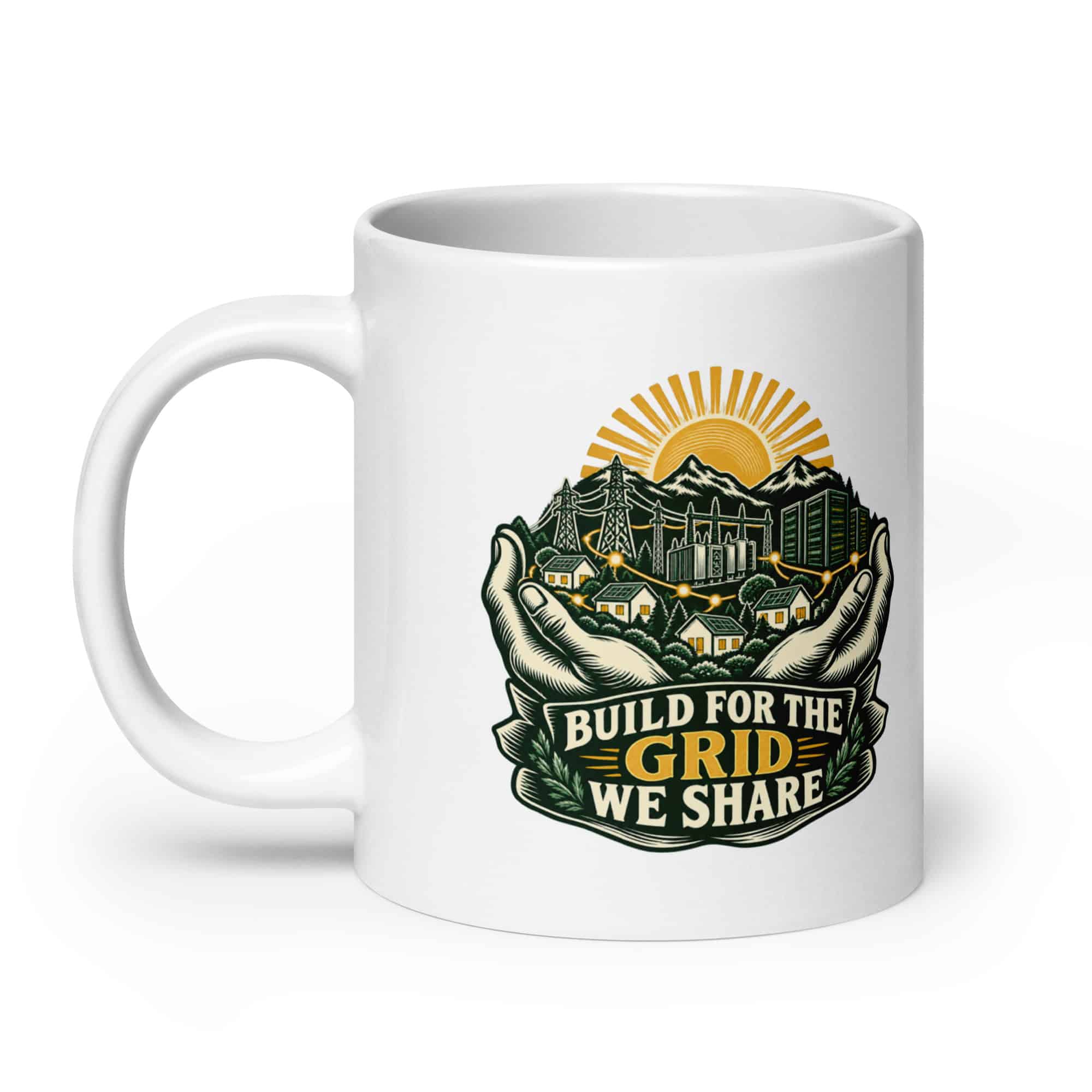 White Ceramic Coffee Mug: Build for the grid we share