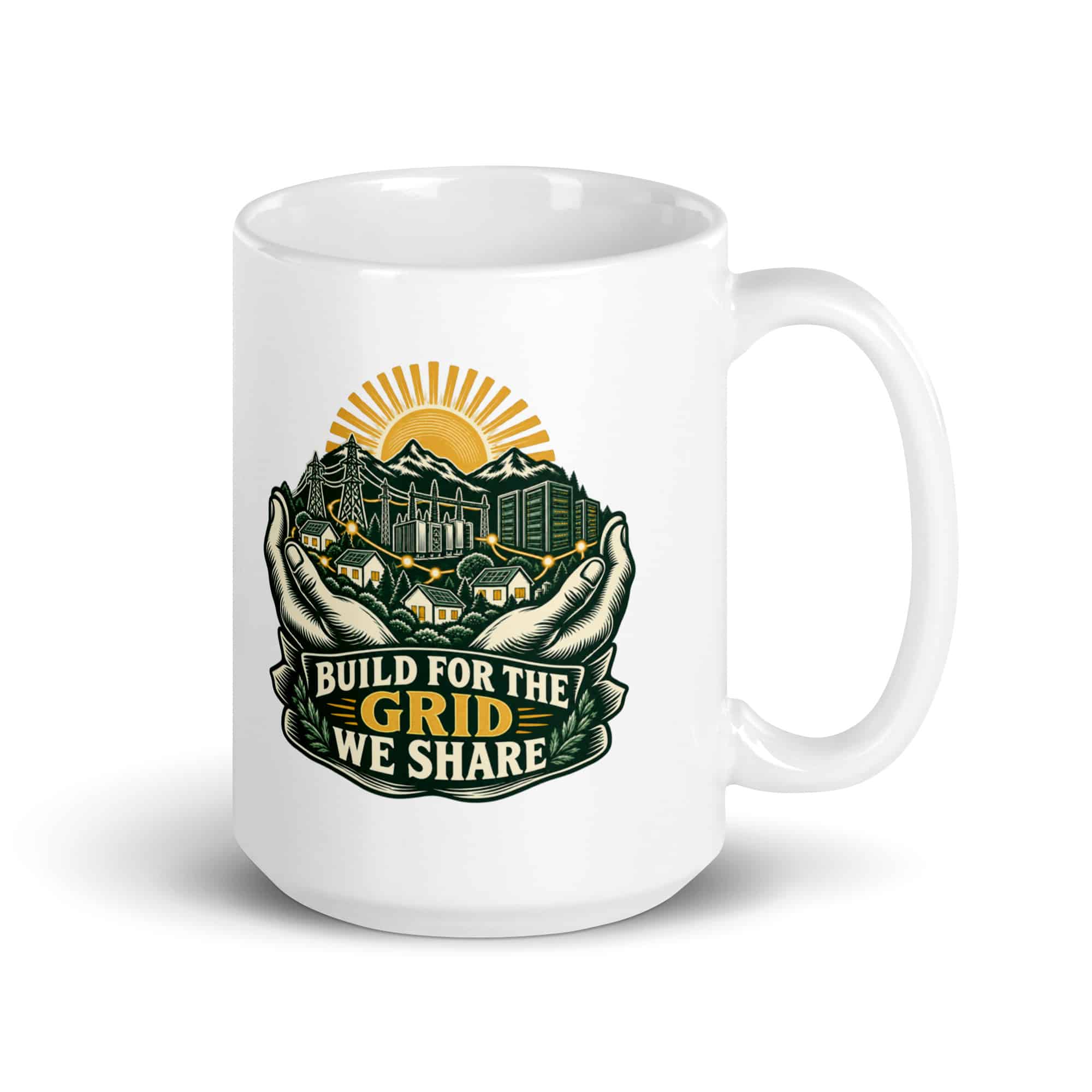 White Ceramic Coffee Mug: Build for the grid we share