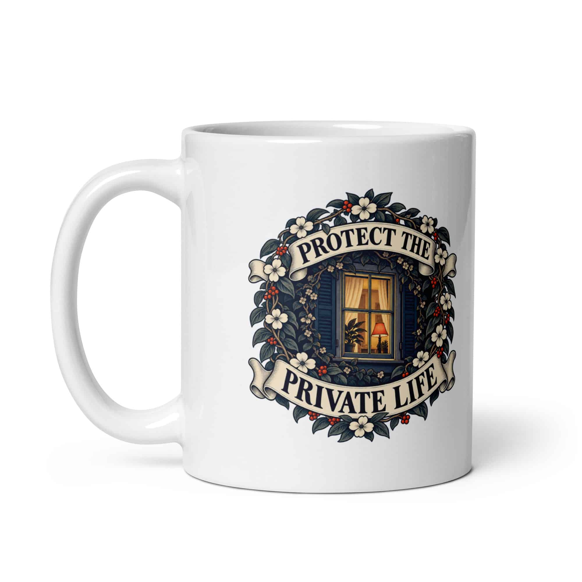 White Ceramic Coffee Mug: Protect the private life
