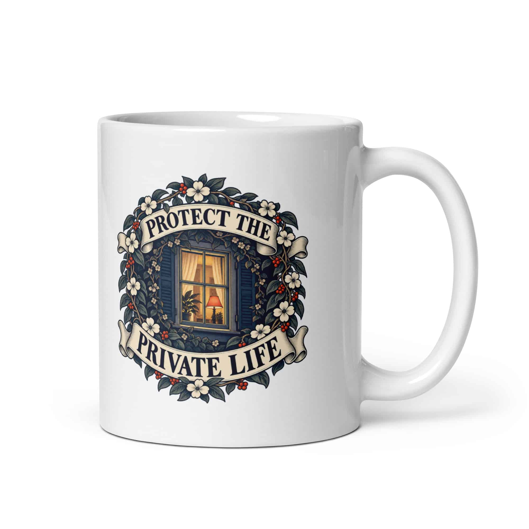 White Ceramic Coffee Mug: Protect the private life