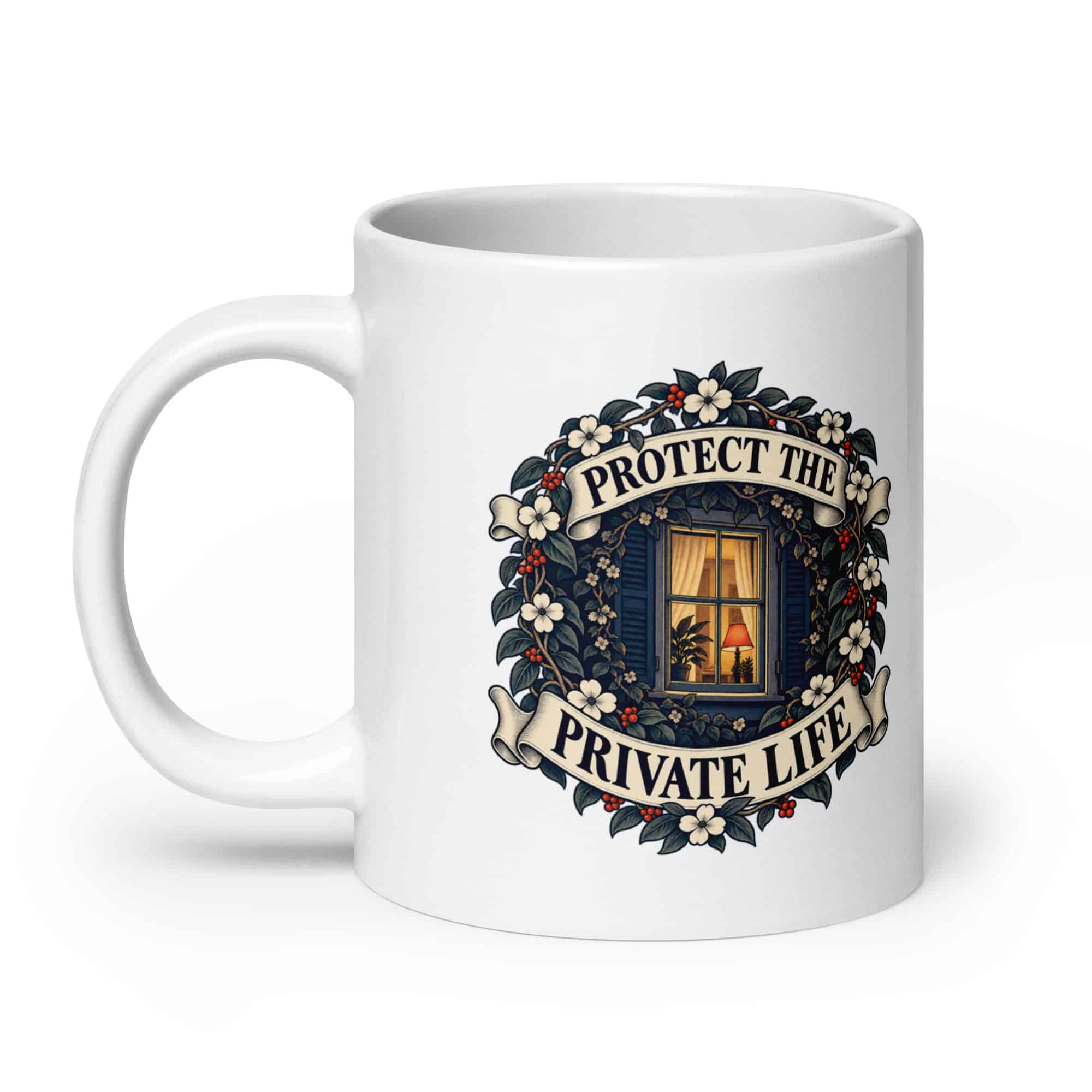 White Ceramic Coffee Mug: Protect the private life