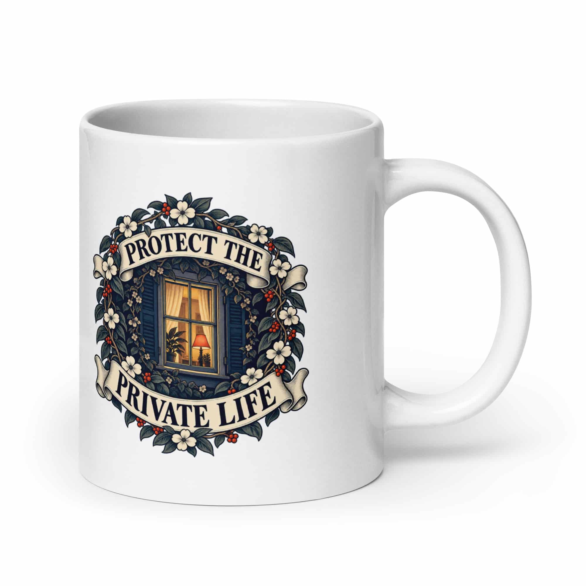 White Ceramic Coffee Mug: Protect the private life