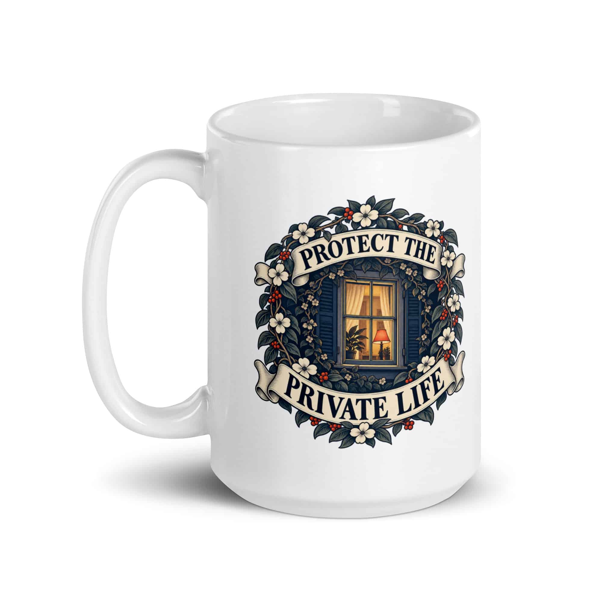 White Ceramic Coffee Mug: Protect the private life