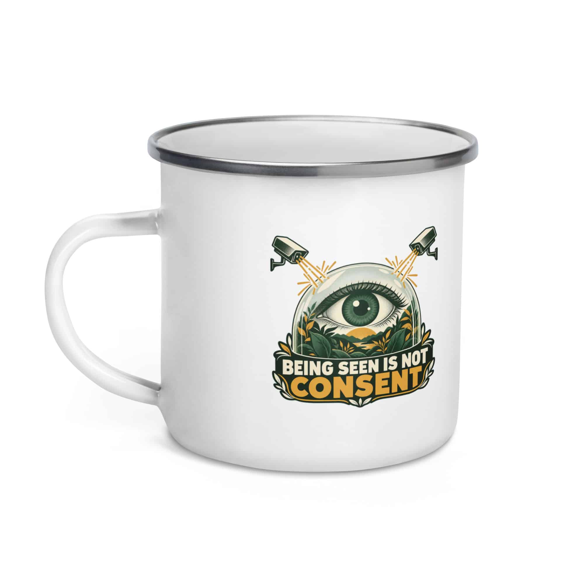 Enamel Camp Mug: Being seen is not consent