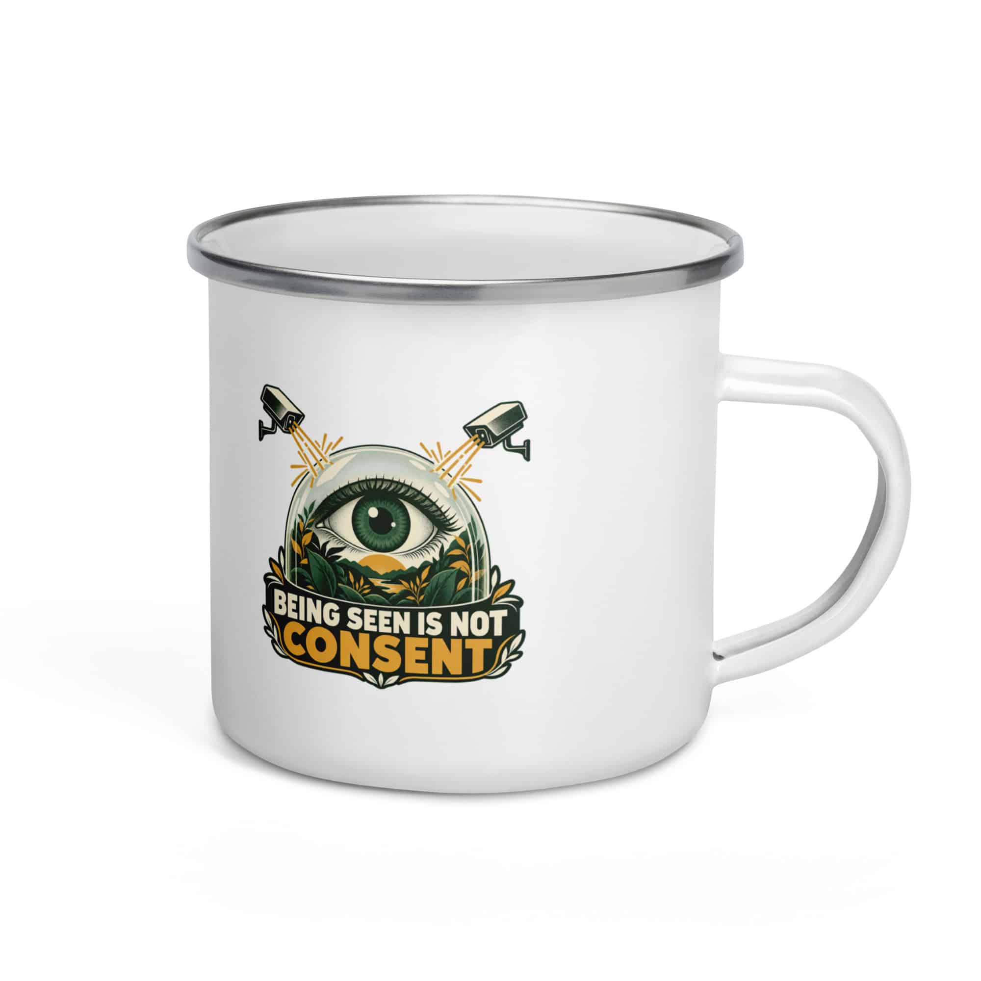 Enamel Camp Mug: Being seen is not consent