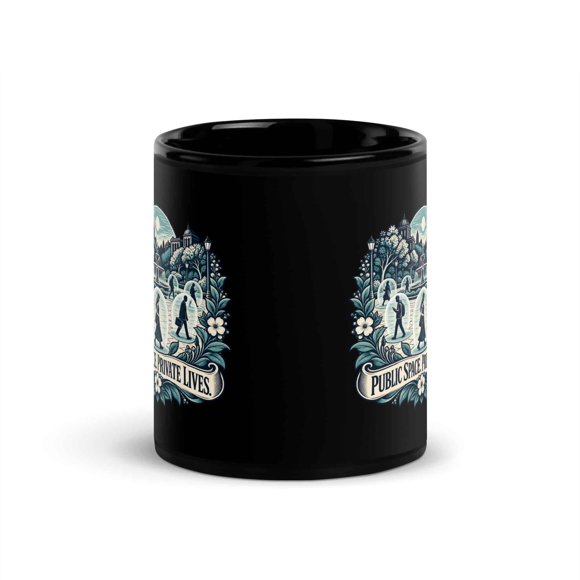 Black Glossy Coffee Mug: Public space. Private lives.