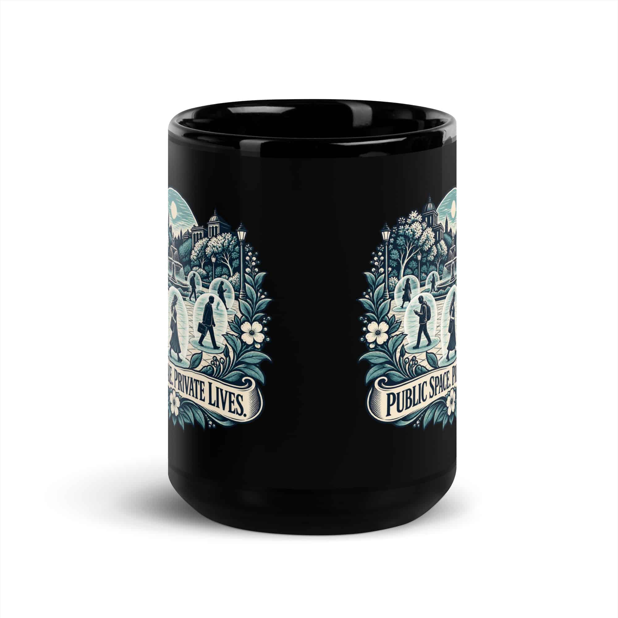 Black Glossy Coffee Mug: Public space. Private lives.
