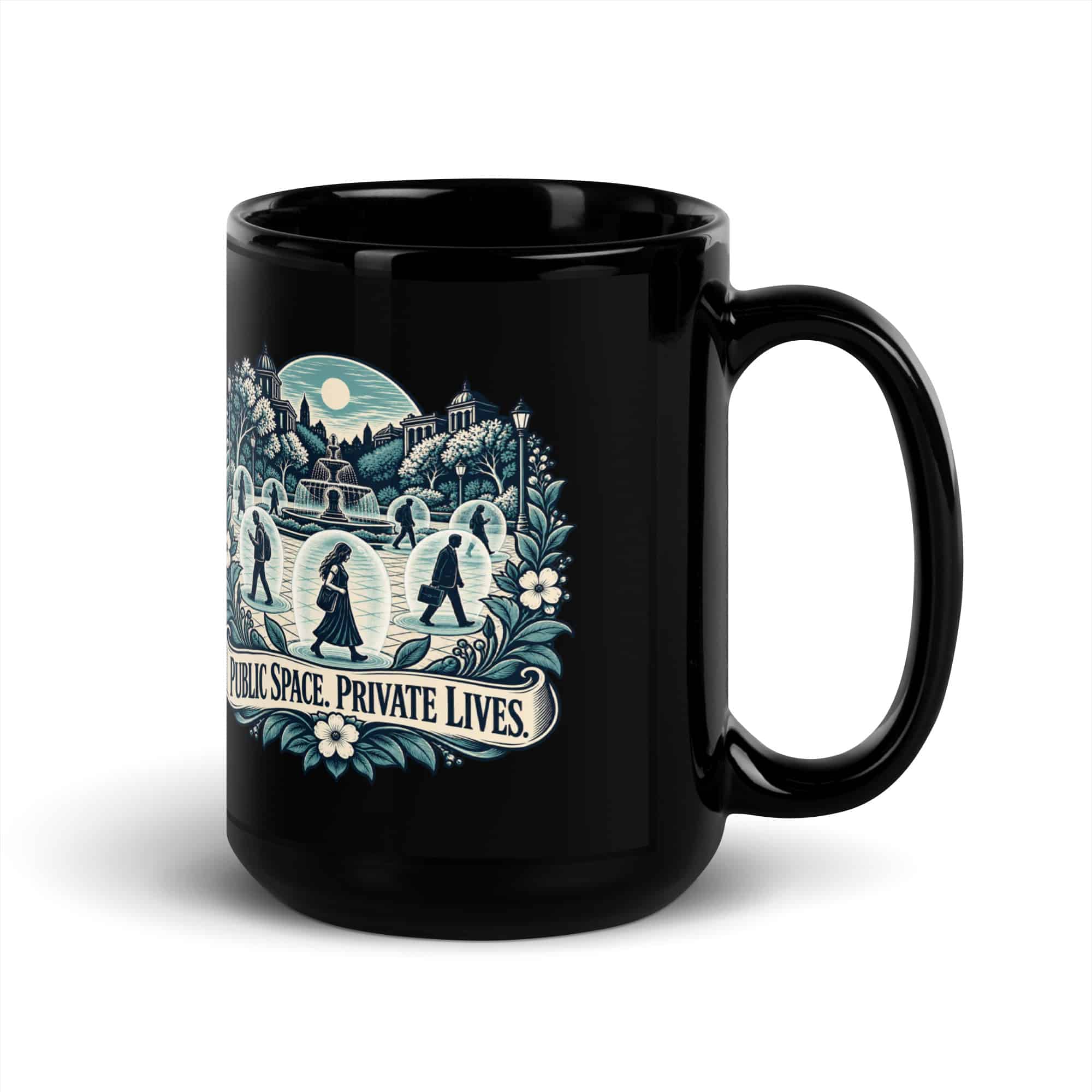 Black Glossy Coffee Mug: Public space. Private lives.