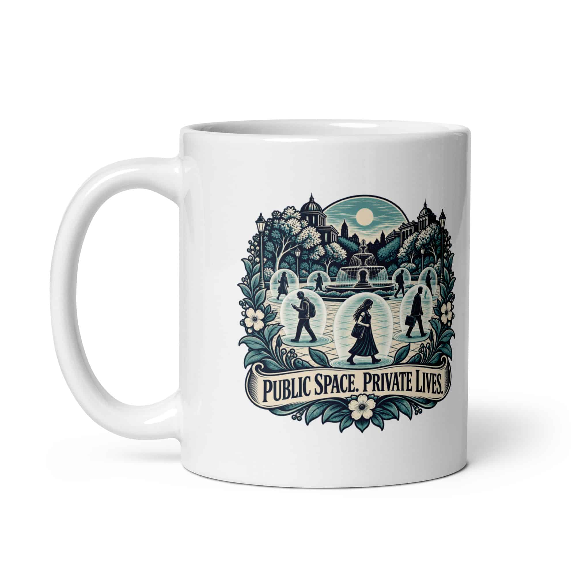 White Ceramic Coffee Mug: Public space. Private lives.
