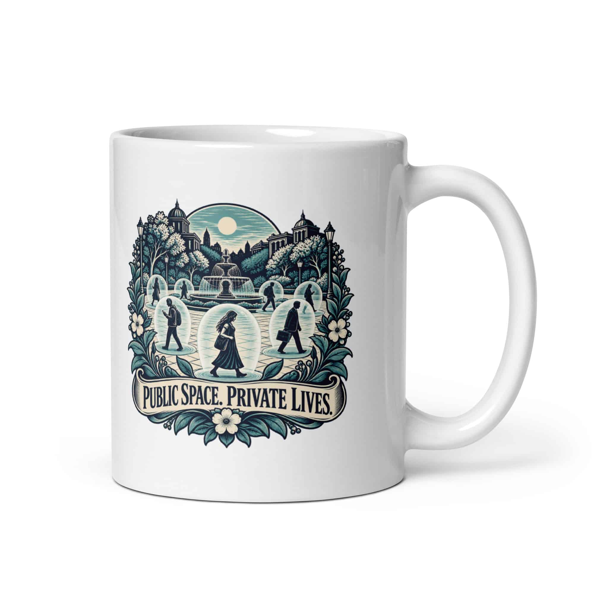 White Ceramic Coffee Mug: Public space. Private lives.