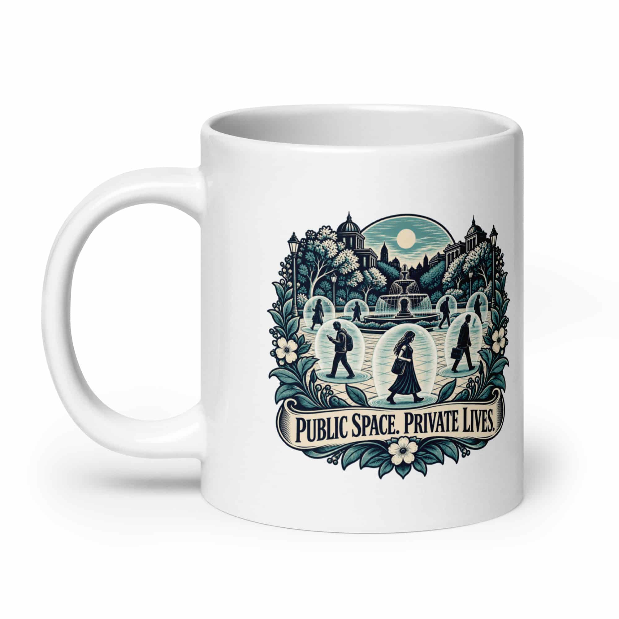White Ceramic Coffee Mug: Public space. Private lives.