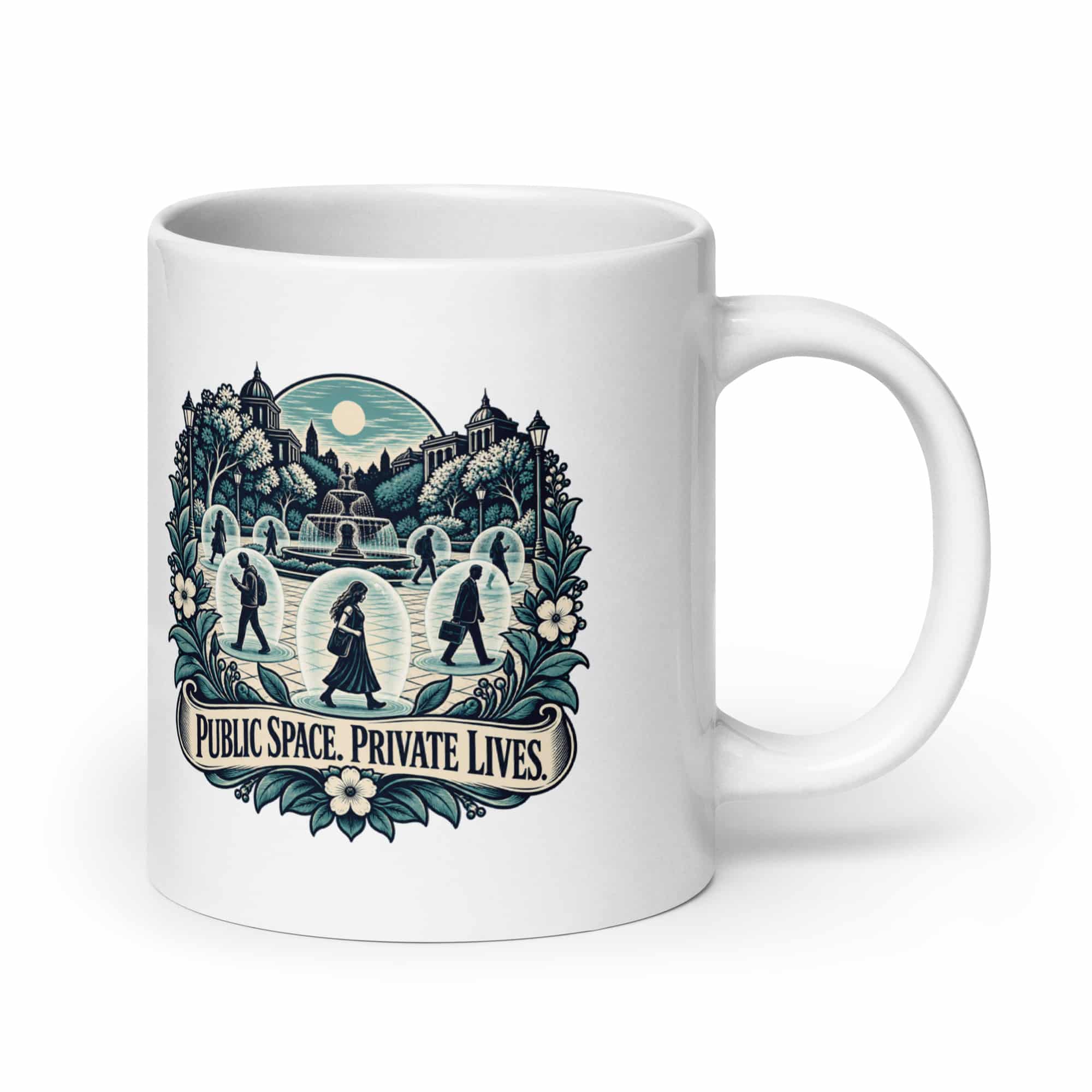 White Ceramic Coffee Mug: Public space. Private lives.